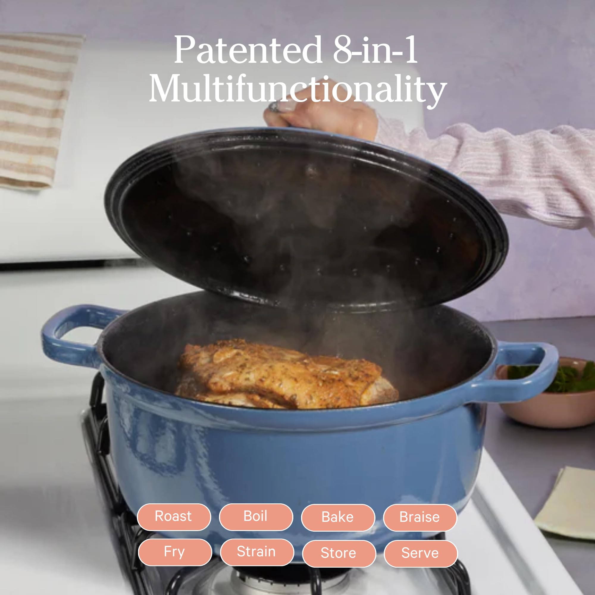 Our Place 6-in-1 Enameled Cast Iron Dutch Oven - 5.5 Quart Non-Toxic Cookware with Self-Basting Lid, Hot Grips & Beechwood Scraper - Induction & Oven Safe Blue Salt Pot - Perfect for Soups, Stews, Braising & Family Dinners