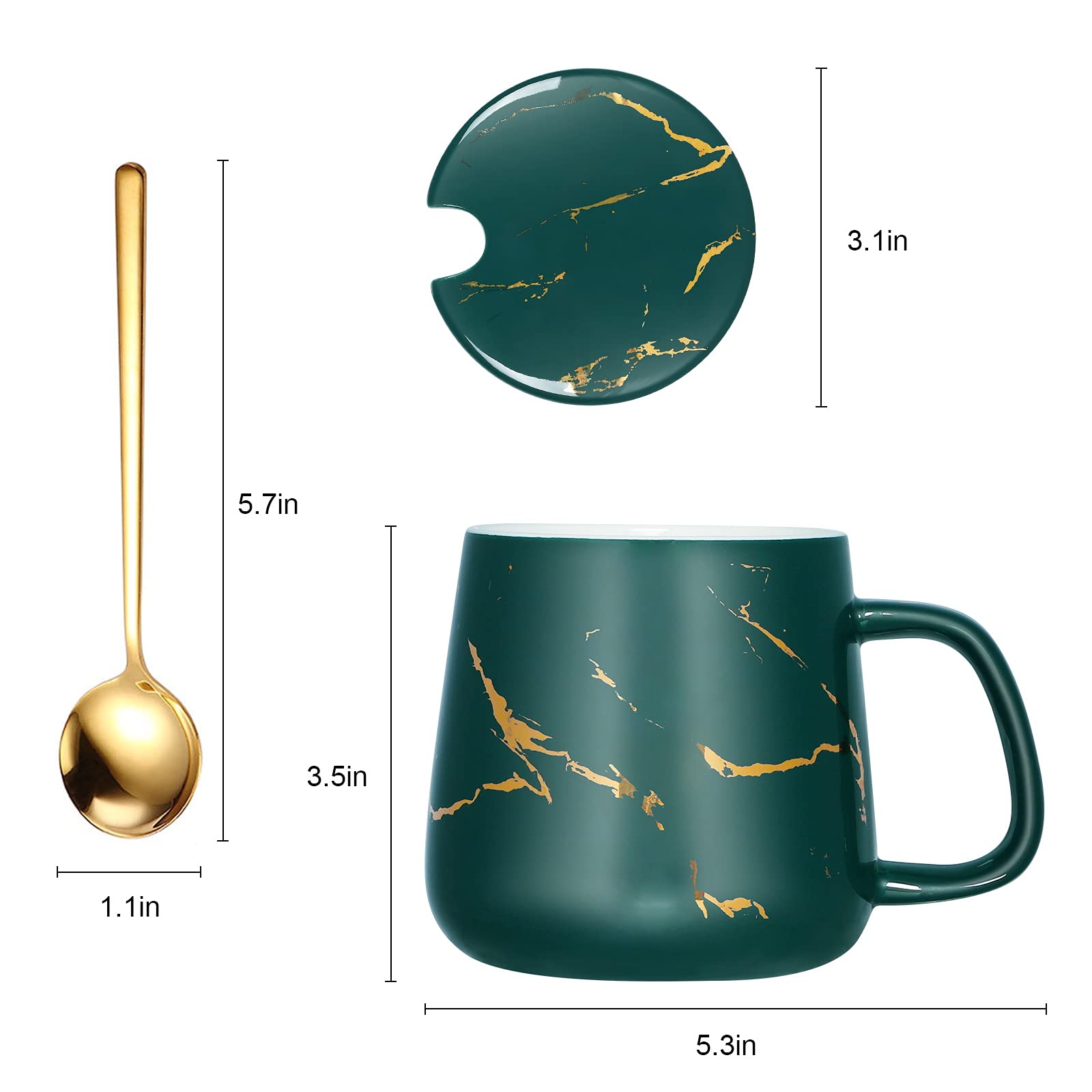 Premium Marbled Ceramic Coffee Mug with Lid & Spoon - 12 oz (350ml) Latte, Cappuccino, Cocoa & Tea Cup - Perfect for Home, Office & Gifts (Green)