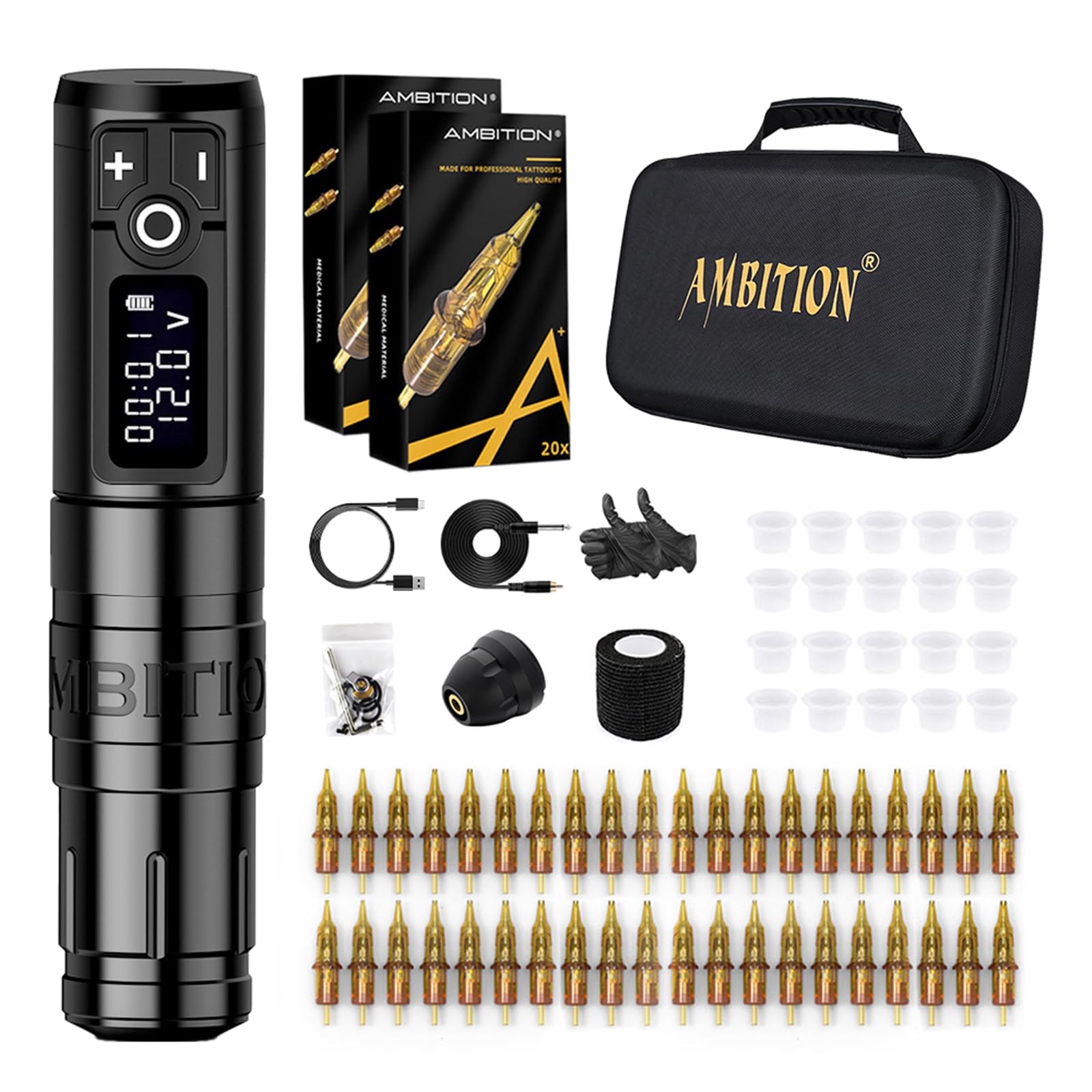 Professional Wireless Tattoo Kit with Digital LED Display - Complete 40pc Set Including Cartridges, Needles, Ink & Accessories for Tattoo Artists | Home Studio & Professional Use