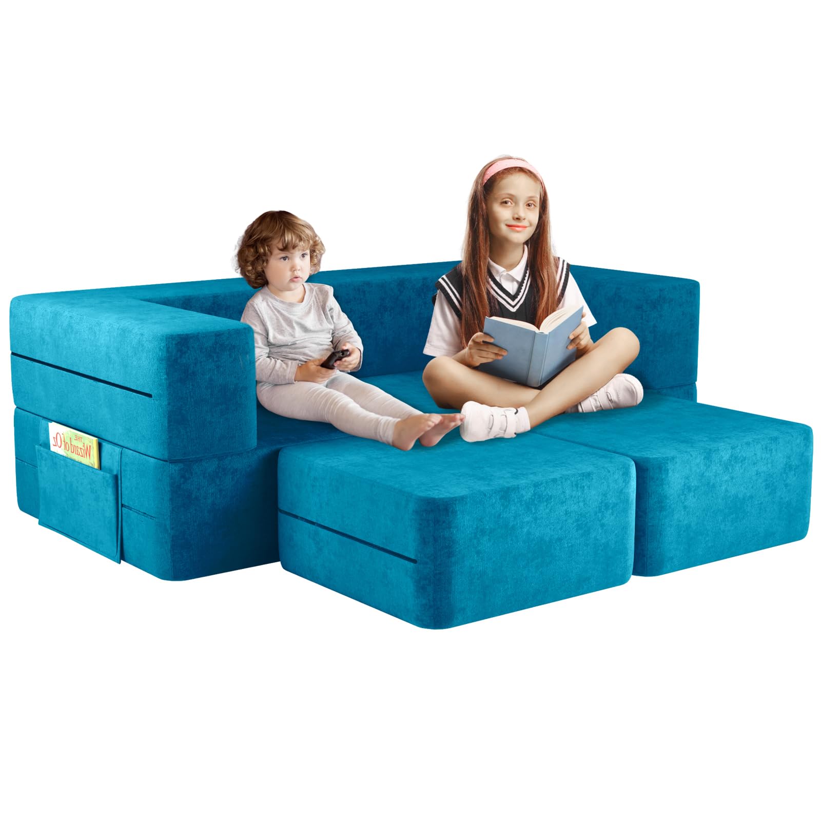 Wanan Modular Kids Play Couch with Ottoman - Soft Toddler Sofa for Boys & Girls - Blue Playroom Furniture for Reading, Napping & Pretend Play