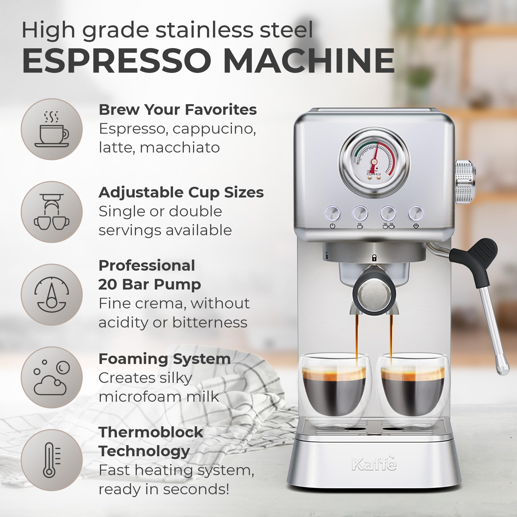20 Bar Espresso Machine with Milk Frother - Stainless Steel Coffee Maker with Fast Heating Thermo Block & Detachable Water Tank - Perfect for Home Baristas & Coffee Lovers - Ideal for Espresso, Cappuccino & Latte Making