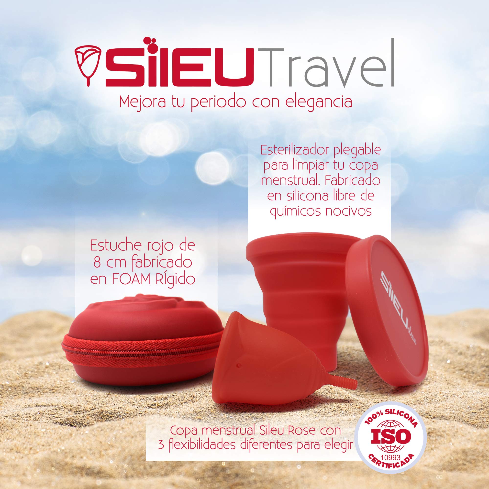Sileu Travel Menstrual Cup - Rose Starter Kit Size XS (Red) with Flexible Standard Cup, Flower Case & Foldable Sterilizer | Perfect for Active Women, Travel & Eco-Friendly Period Care