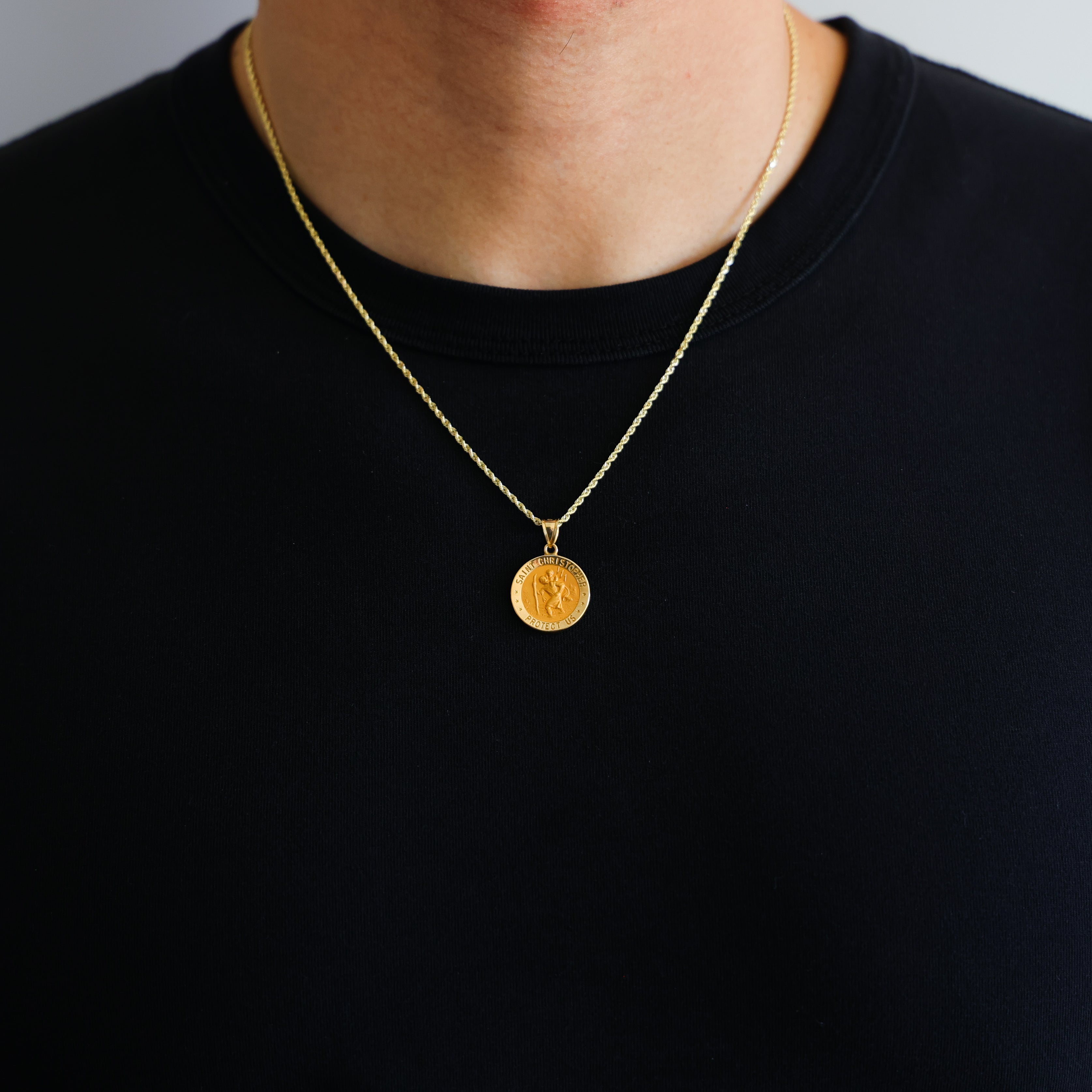 Gold Large Saint Christopher Hollow Medal Pendant Necklace - Model 1240 - Religious Jewelry for Protection & Travel Blessings