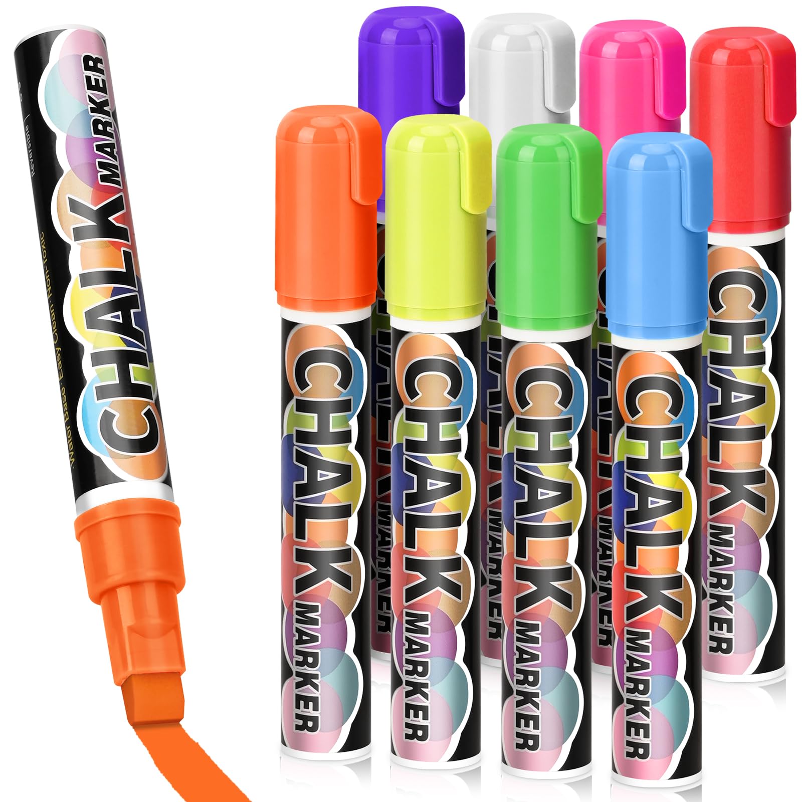 Washable Liquid Chalk Markers for Glass - 10mm Car Paint Pen, Wet Erasable Neon Chalk Markers Set of 8 for Chalkboard, Blackboard, Bistro, Glass, Mirrors & Auto Windshield - Perfect for Restaurants, Cafes, Schools & DIY Home Decor