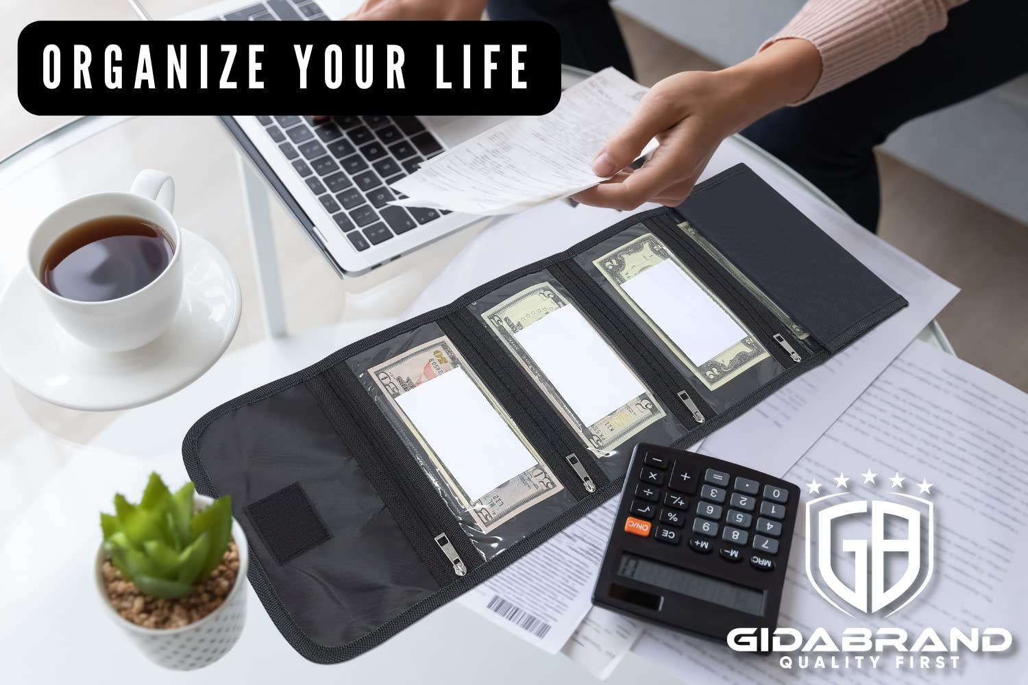 7-Slot Money Organizer Wallet with Blank Card - Cash Holder for Budgeting, Traveling, Saving & Receipts - Perfect for Travel, Business & Daily Use (Black)