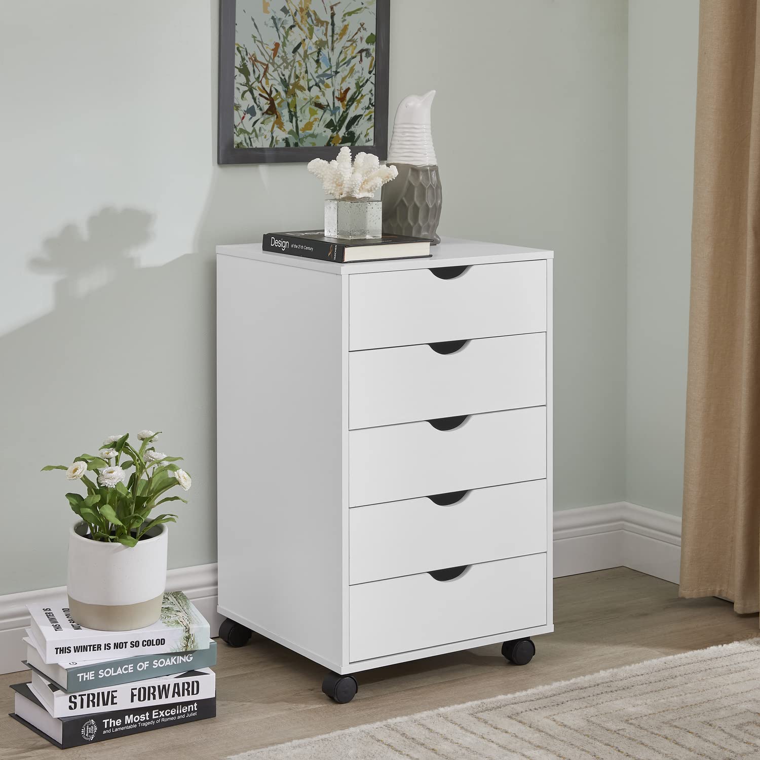 Naomi Home 5-Drawer Tall Dresser with Wheels - White, Stylish Bedroom Storage with Shelves, 180 lbs Capacity - Perfect for Closet Organization & Makeup Vanity