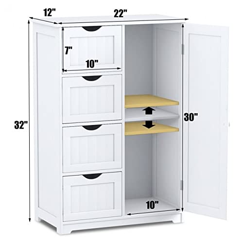 White Wooden Bathroom Storage Cabinet - 4 Drawer Free Standing Floor Organizer with Adjustable Shelf | Perfect for Bathroom, Bedroom & Closet Organization