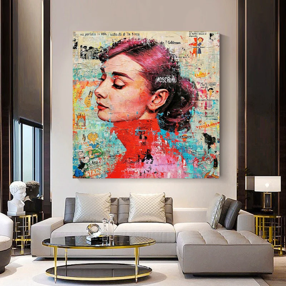 Audrey Hepburn Brushed Wall Art - Elegant Home Decor for Living Room, Bedroom & Office - Vintage Hollywood Style Painting for Classic Interior Design