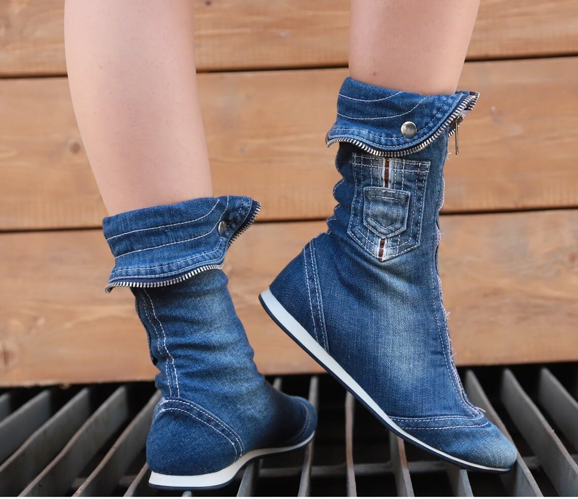 Handmade Women's Fashion Boots - Sexy High Heel Ankle Boots, Sports Style Winter Boots, Blue Jeans Boots for Casual Wear & Birthday Gifts | Perfect for Night Out, Dating & Office Outfits