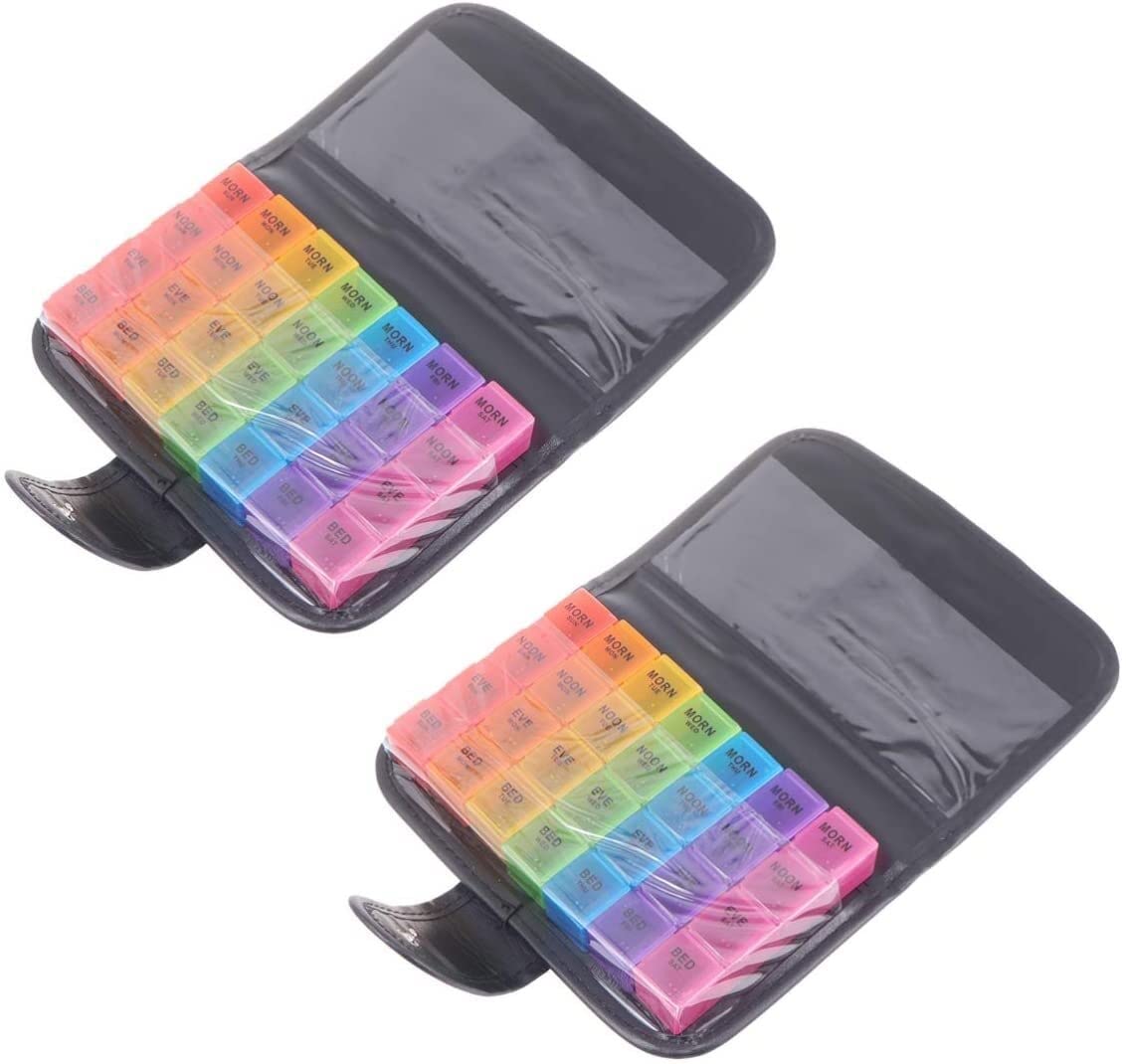 HXR 2-Pack Weekly Pill Organizer - 28 Grid Portable Pill Box with 7 Color Options for Travel, Outdoor & Daily Medication Storage | Compact Pill Dispenser for Home, Office & Vacation Use