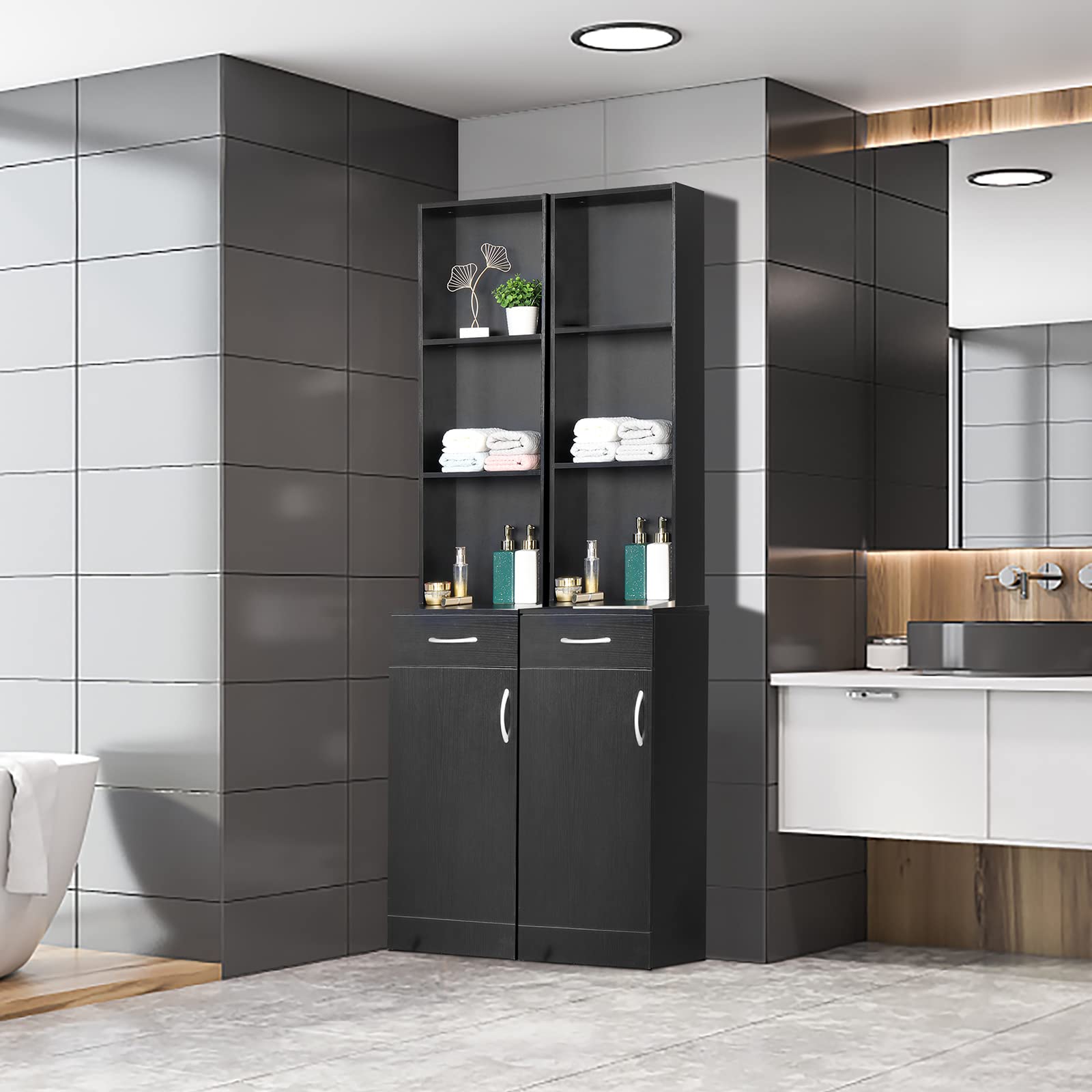 70 Inch Tall Bathroom Storage Cabinet - Waterproof Wooden Linen Organizer with Drawer & 3 Shelves | Durable Lightweight Narrow Cabinet for Bathroom, Bedroom, or Laundry Room Organization | Black