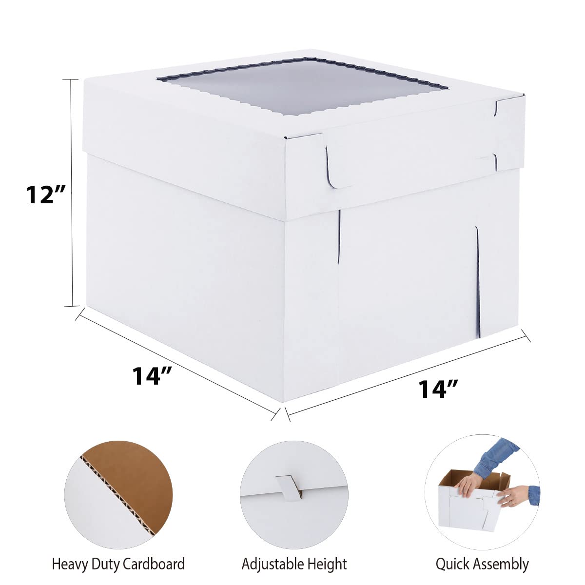 14x14x12 Inch Tall Cake Boxes for Wedding & Tier Cakes - 2 Pack Sturdy Bakery Boxes with Clear Window | Disposable Layer Cake Carrier for Parties, Events & Professional Baking