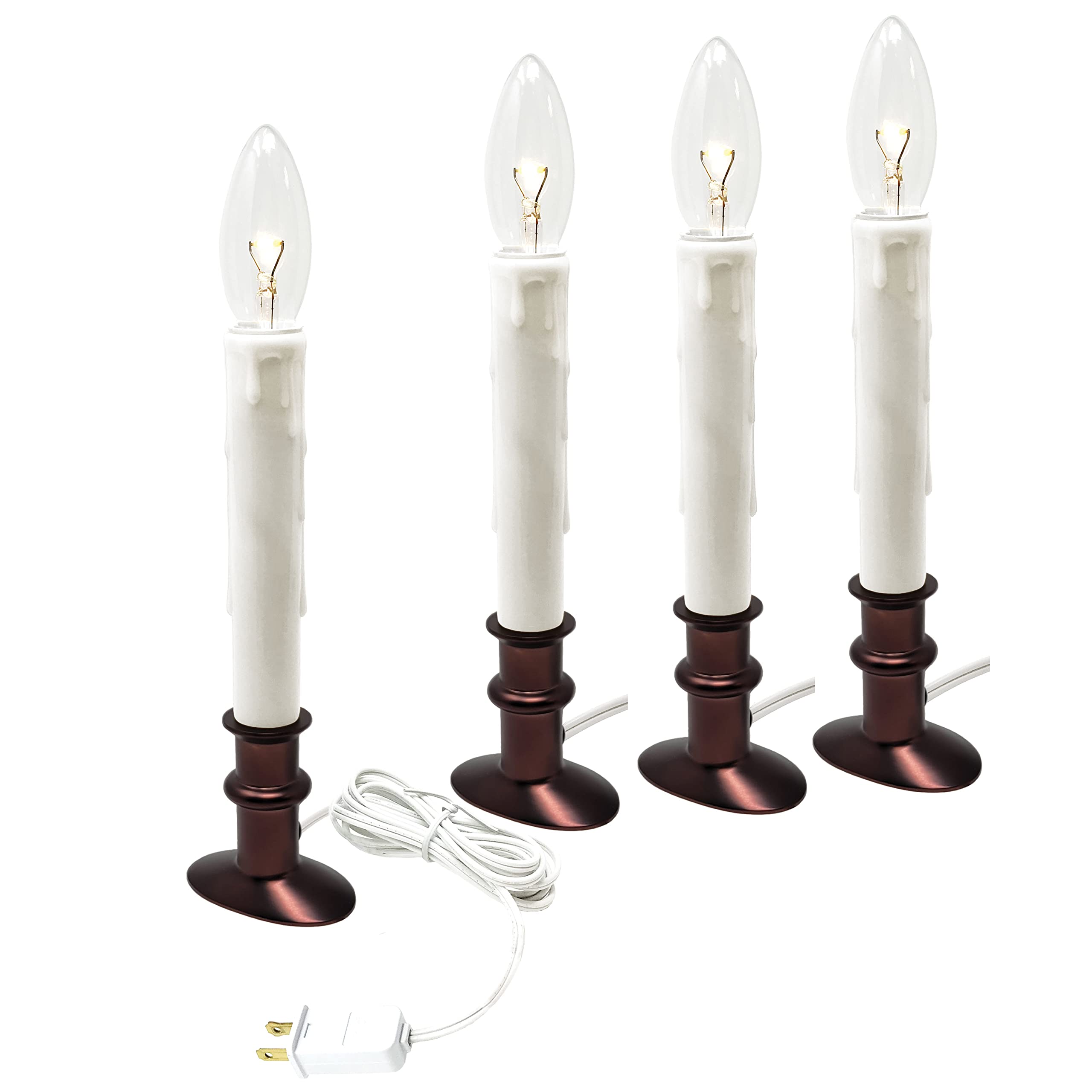 Vermont Electric LED Window Candles with Clear Bulb - Set of 4, Auto Timer, Slim Metal Base (Antique Bronze) - Perfect for Holiday Decor, Christmas Lights, Home & Window Decoration