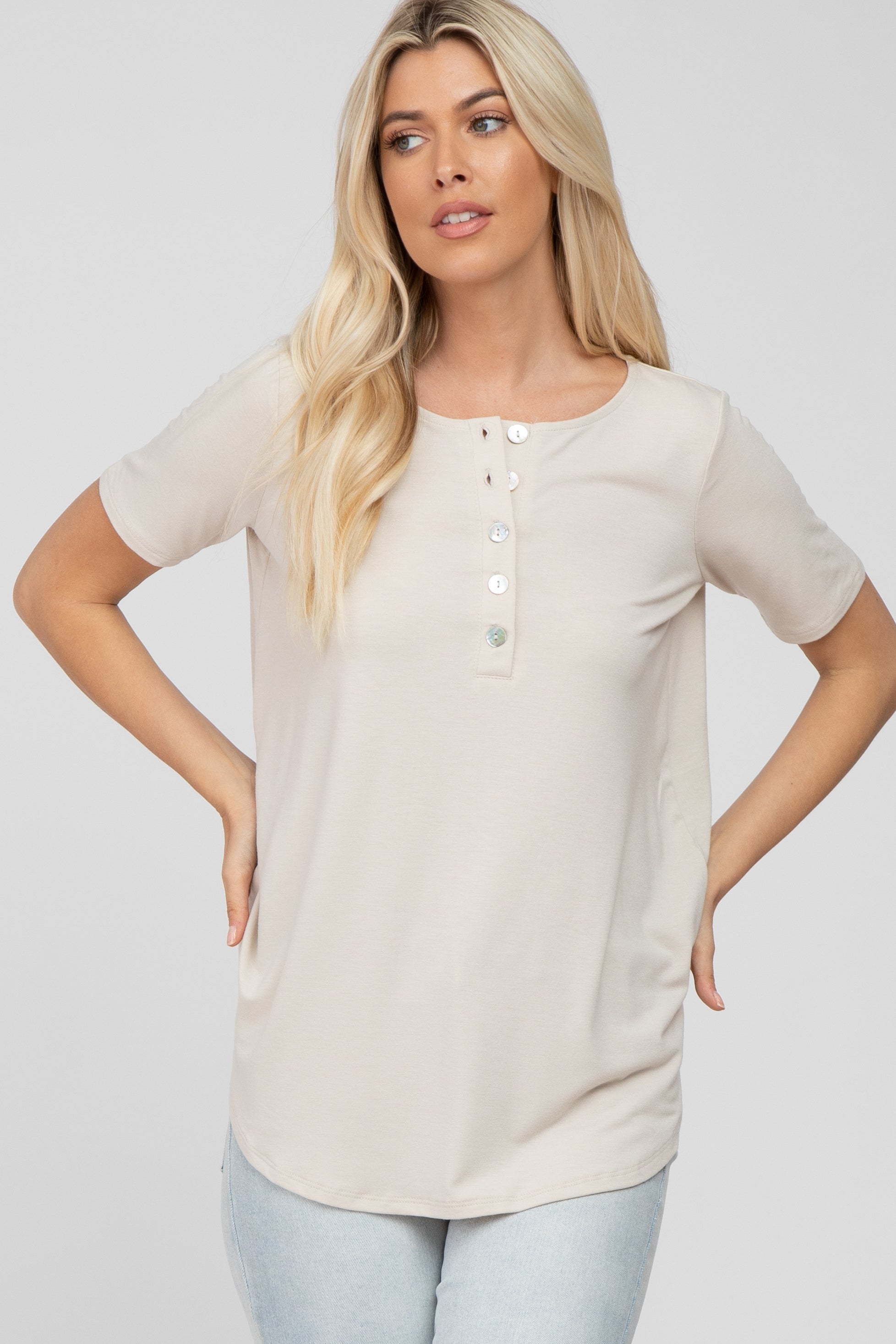 Beige Maternity Button Down Short Sleeve Shirt for Women - Comfortable Pregnancy Blouse for Work, Casual Outfits & Summer Maternity Wear