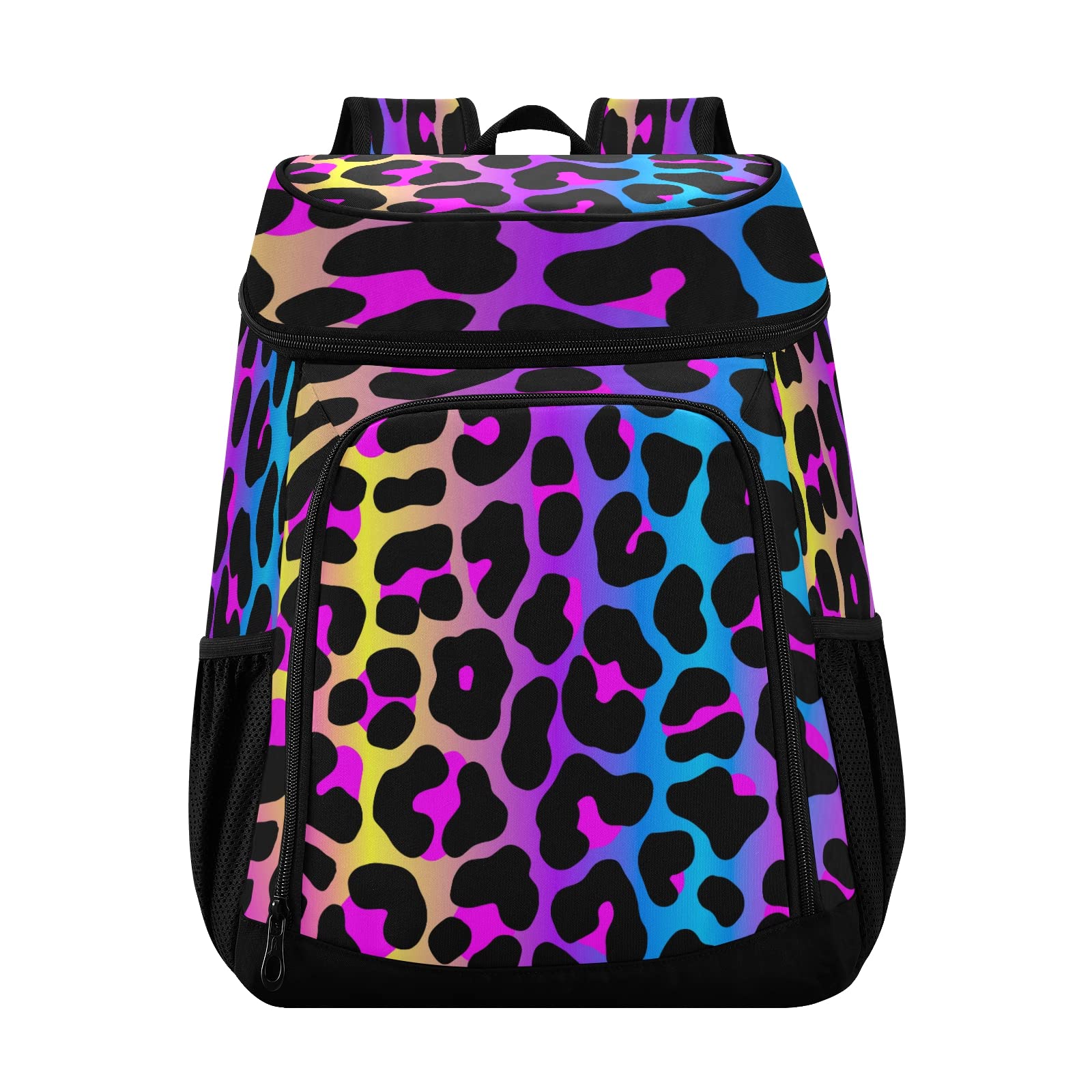 **30 Cans Insulated Cooler Backpack - Leakproof Large Capacity Neon Gradient Leopard Print Design for Picnic, Hiking, Camping, Fishing - Perfect for Outdoor Adventures & Beach Trips**