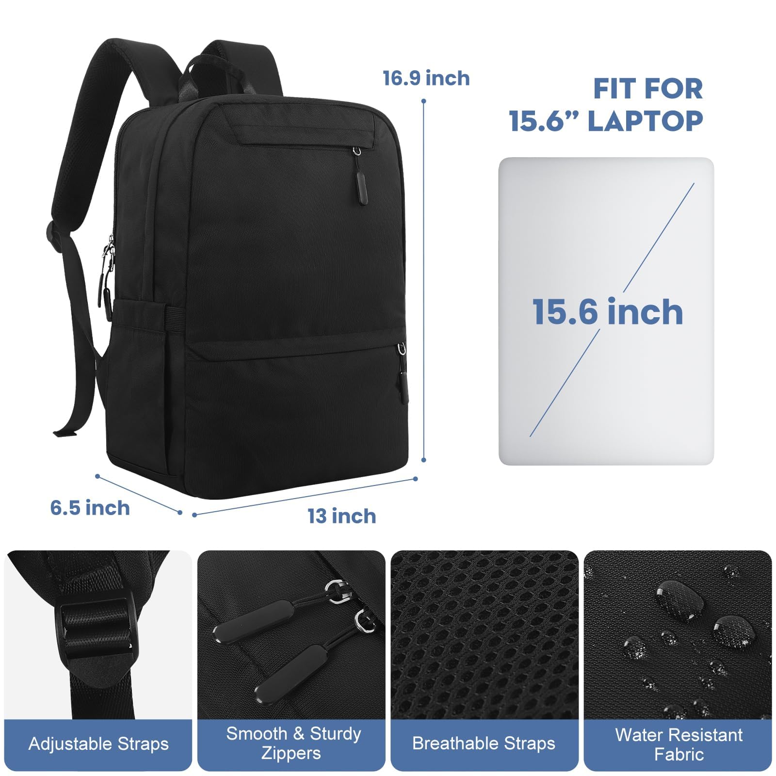 Waterproof 15.6 Inch Laptop Backpack for Men - College Student Bookbag, Travel Backpack for Work & School, Durable Black Backpack for Teens & Adults - Perfect for Commuting, Campus Life and Business Trips