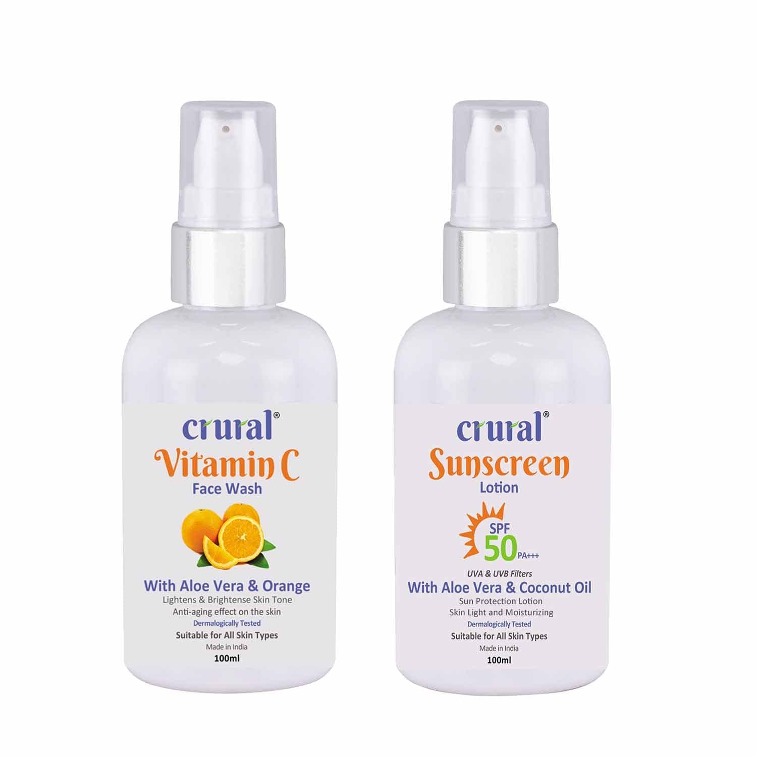 Crural Vitamin C Face Wash & SPF 50 Sunscreen Lotion Combo Pack (2 x 100ml) - For Men & Women | All Skin Types | Brightening & Sun Protection | Daily Skincare Routine for Face & Body