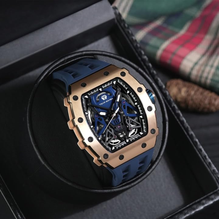 TSAR BOMBA Men's Luxury Automatic Skeleton Watch - Silver Square Big Face with Silicone Strap - 50M Waterproof Analog Wristwatch for Business, Casual & Formal Wear - Unique Cool Gift for Men