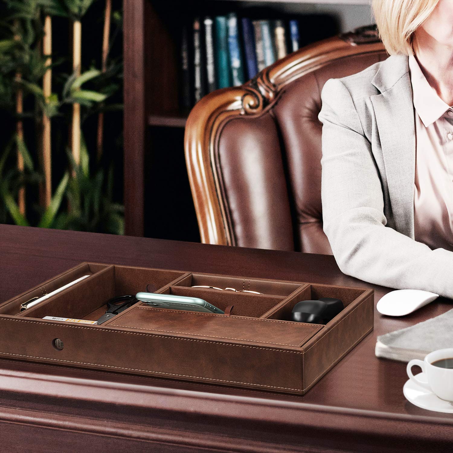 SITHON Valet Tray - 8 Compartment PU Leather Desktop Organizer for Keys, Jewelry, Coins & EDC | Nightstand Catchall Tray for Bedroom, Vanity & Office | Brown Storage Box for Home & Travel Accessories