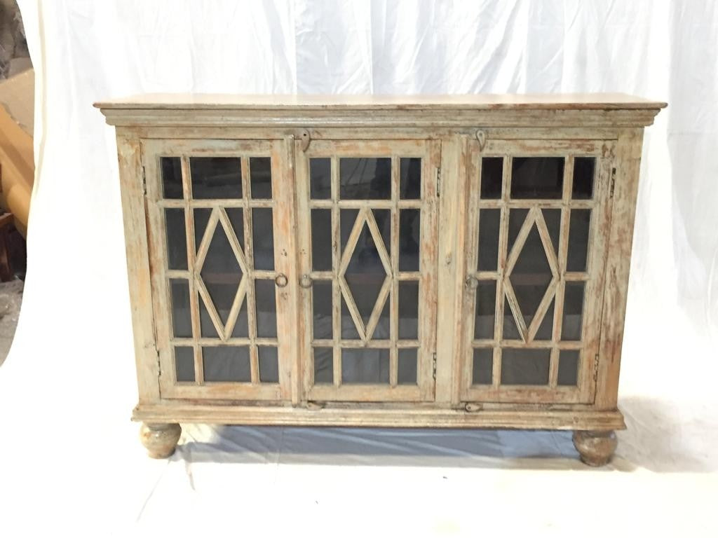 Hand Carved Indian Solid Wood Jali Buffet Sideboard with Glass Doors - Traditional Elegance for Dining Room, Living Room & Entryway Storage