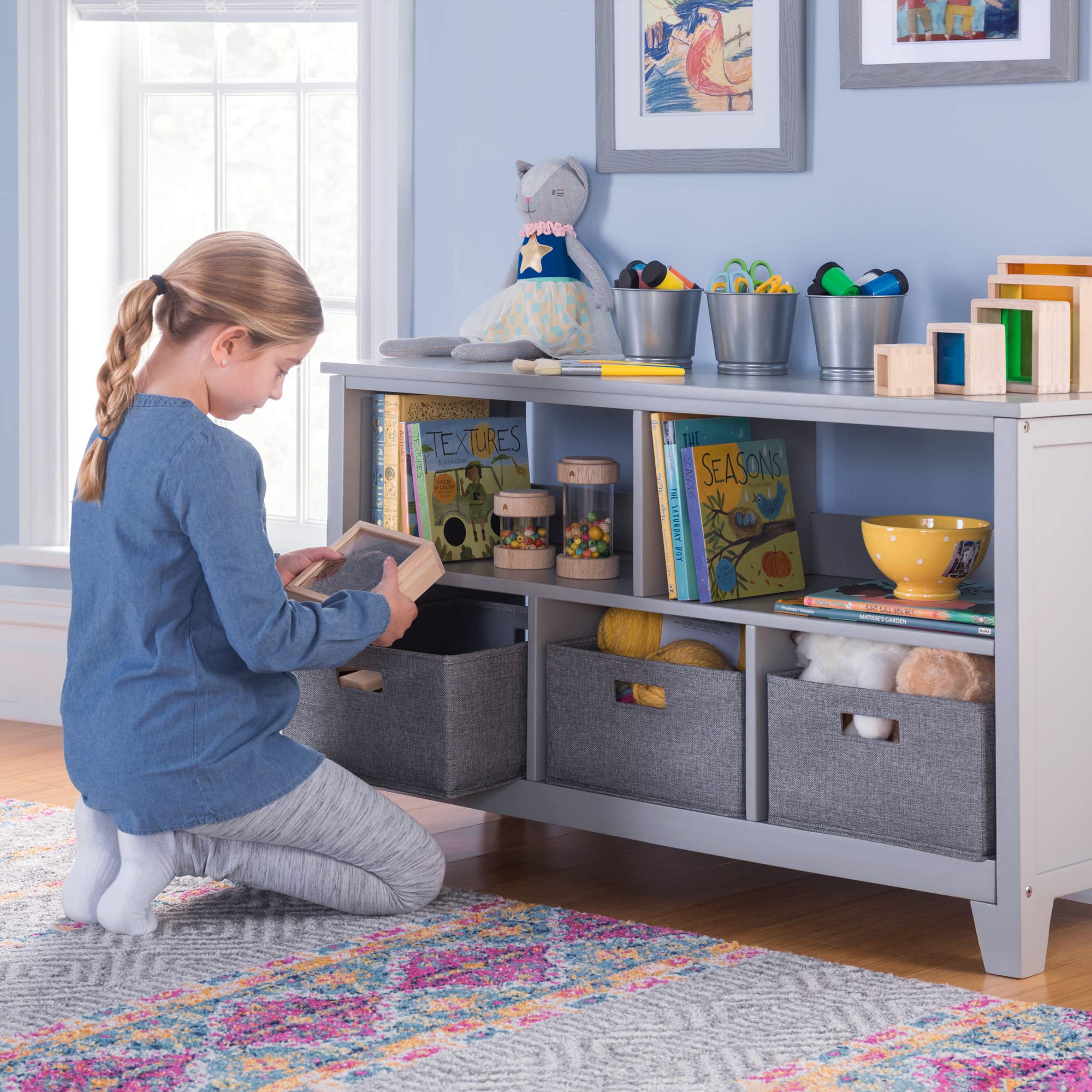 Martha Stewart Kids' Low Bookcase 24 Inch - Gray Wooden Storage Organizer with Fabric Bins for Playroom, Bedroom & Nursery | Space-Saving Kids Furniture for Books, Toys & Organization