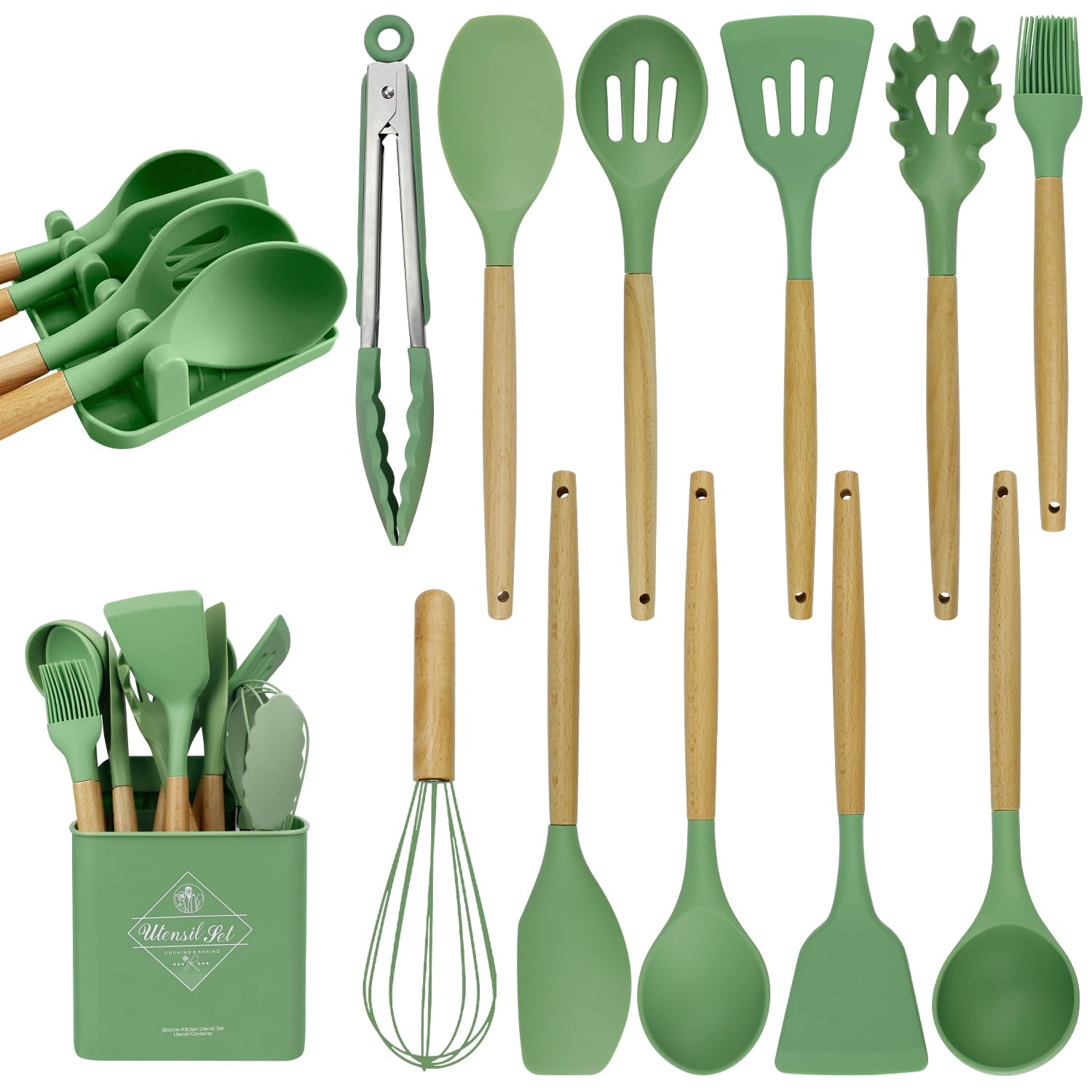 MYKUJA 13-Piece Green Silicone Cooking Utensil Set - Heat Resistant, Non-Stick Kitchen Tools with Holder - Perfect for Baking, Frying & Cooking - Avocado Green Kitchen Decor & Gadgets