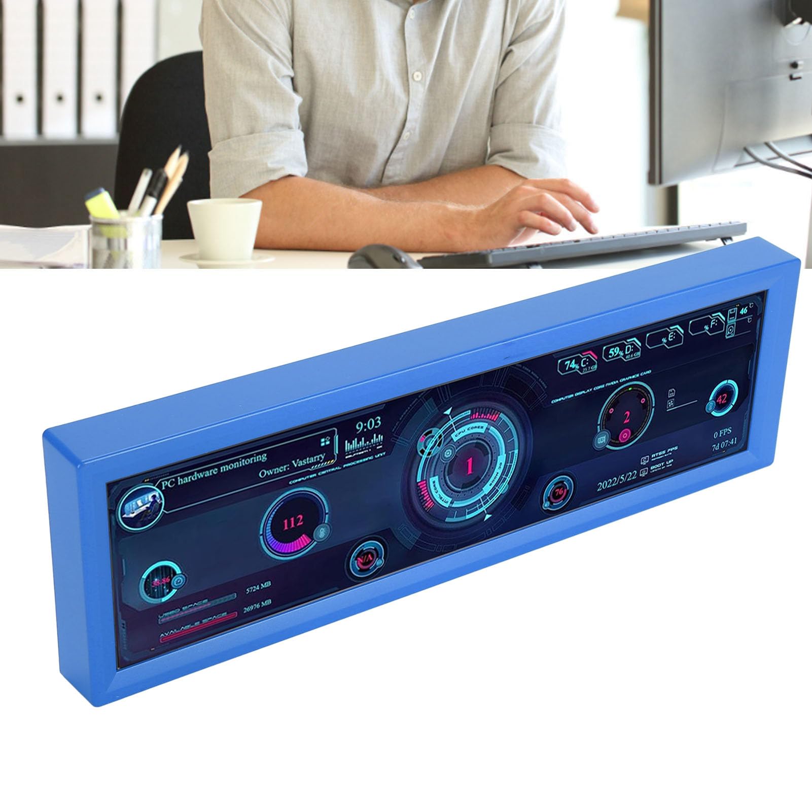 Jectse 8.8 Inch Computer Temperature Monitor - HD IPS 1920x480 LCD Display for PC CPU Data & System Monitoring - Secondary External Display for Raspberry Pi, Linux & Windows (Blue) - Perfect for Gaming Rigs, Workstations & Server Monitoring