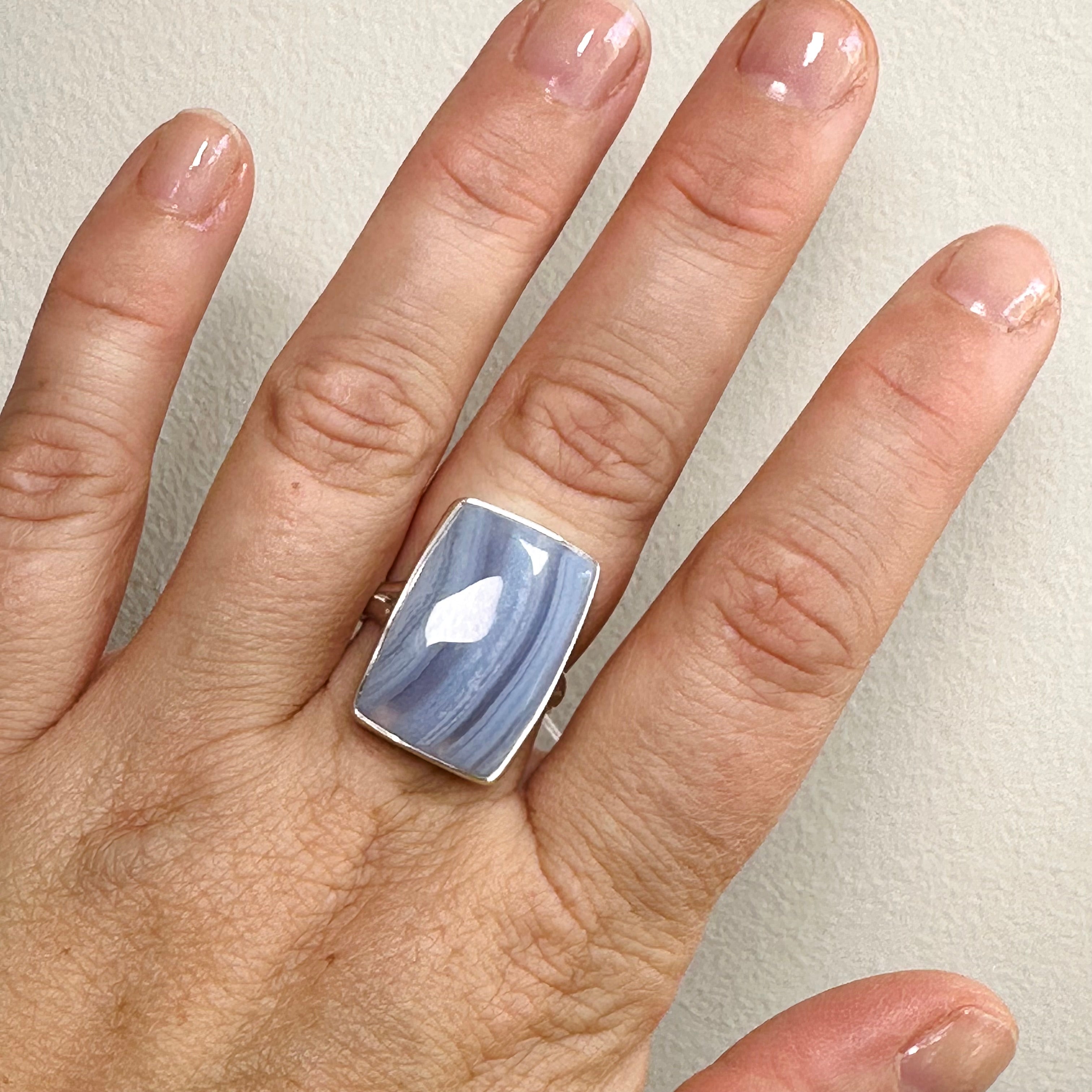 Blue Lace Agate Rectangular Cabochon Ring - Size 8 - KRGJ3382 - Perfect for Boho Jewelry, Wedding Accessories & Everyday Elegance