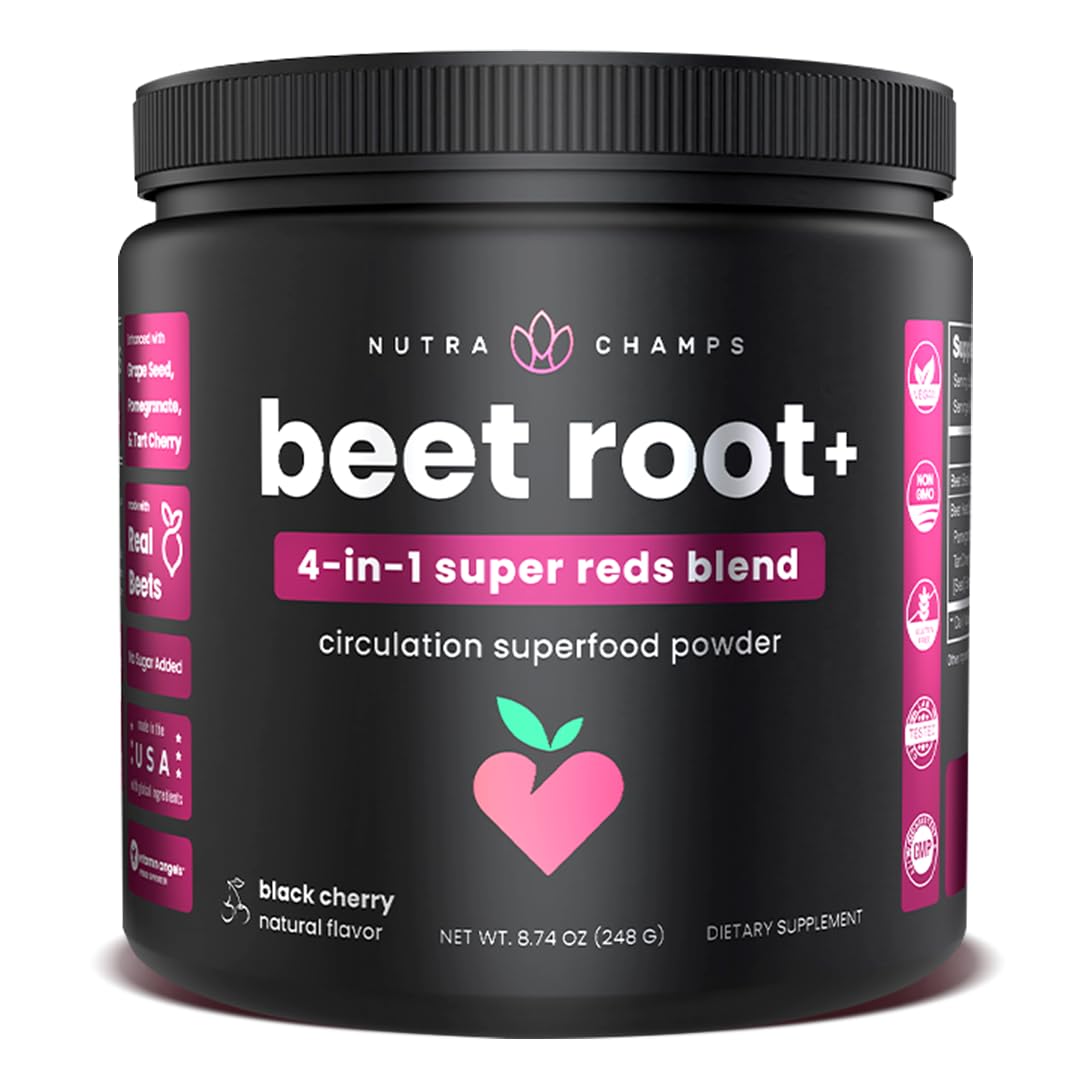 NutraChamps Beet Root Powder Supplement for Circulation - Nitric Oxide Booster with Beetroot Juice, Super Reds Powder & Grape Seed Extract | Sugar-Free Superfood Powder (8.74 Oz) for Energy, Heart Health & Athletic Performance