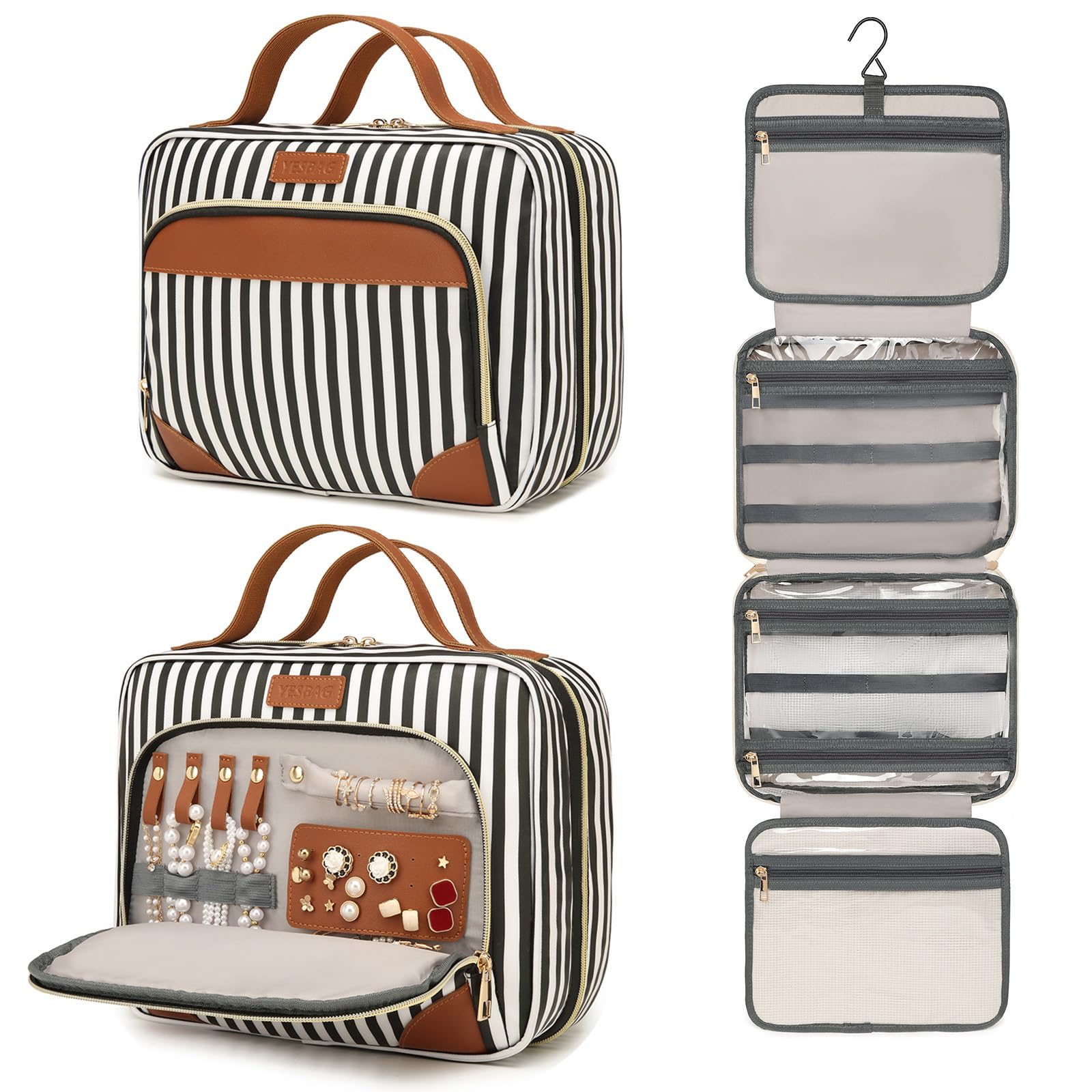 Hanging Toiletry Bag for Women - Travel Cosmetic Organizer with Multiple Compartments & Hook for Jewelry, Shampoo, Full-size Containers - Perfect for Vacation, Business Trips & Gym Essentials (Black Striped)