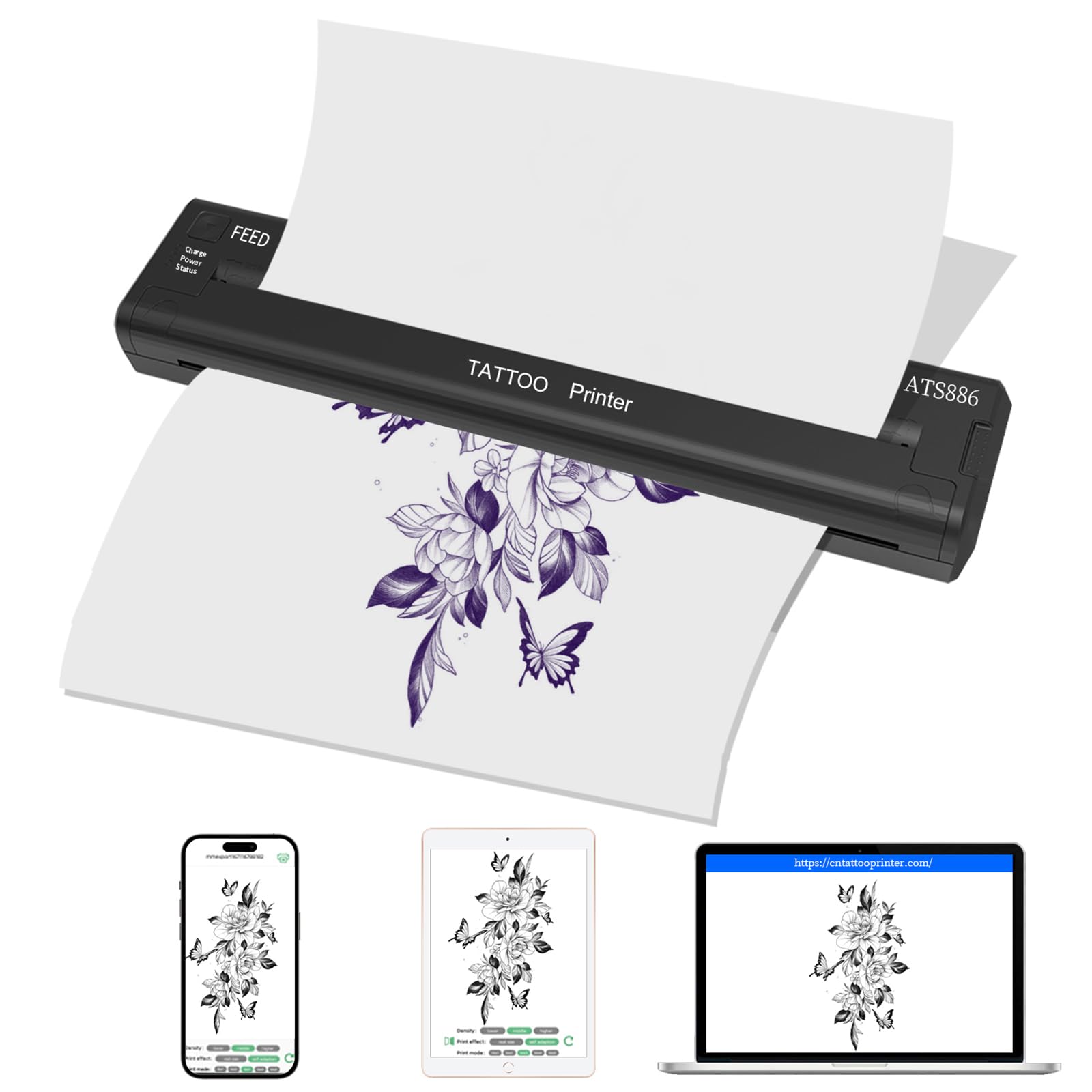 YILONG Wireless Bluetooth Tattoo Stencil Printer - Portable Thermal Transfer Machine for Tattoo Artists & Beginners | Compatible with Android, iOS & PC (ATS886-Black) | Perfect for Tattoo Shops, Home Studios & Mobile Tattoo Services