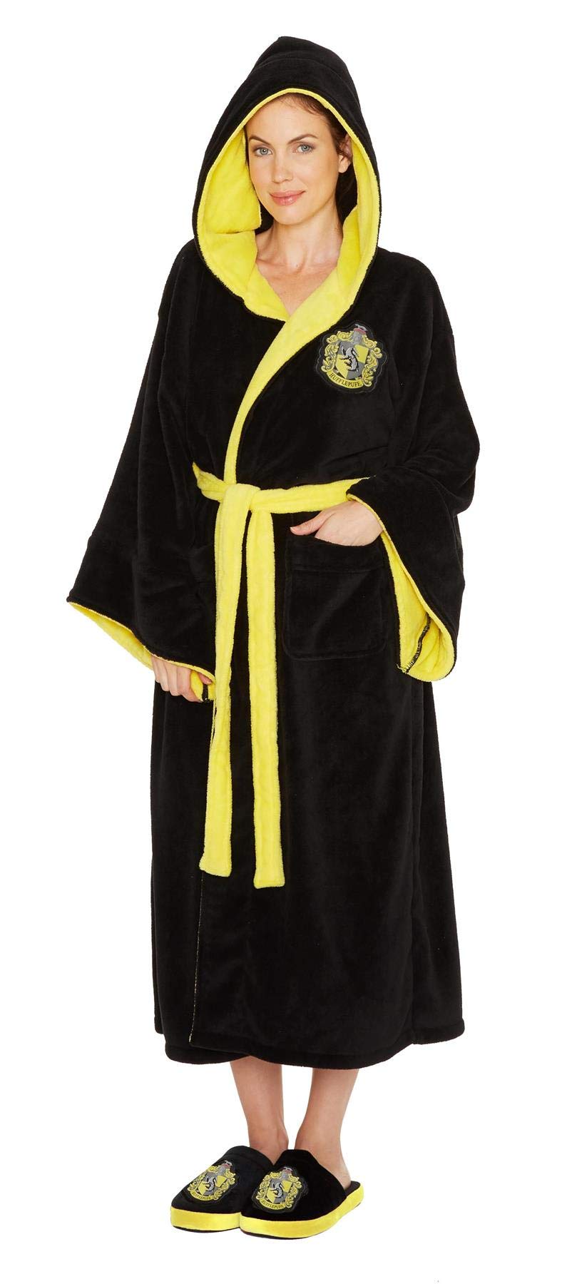 Harry Potter Hufflepuff House Women's Bathrobe - Cozy Fleece Robe with Crest - Perfect for Halloween, Cosplay & Lounge Wear