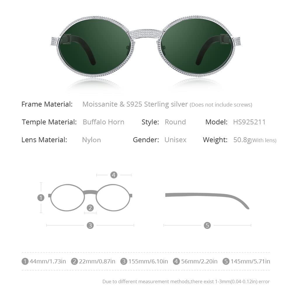 HEPIDEM 925 Sterling Silver 560pcs Moissanite Buffalo Horn Glasses Frame - Luxury Unisex Eyewear for Men & Women | Perfect for Reading, Fashion Accessories & Special Occasions