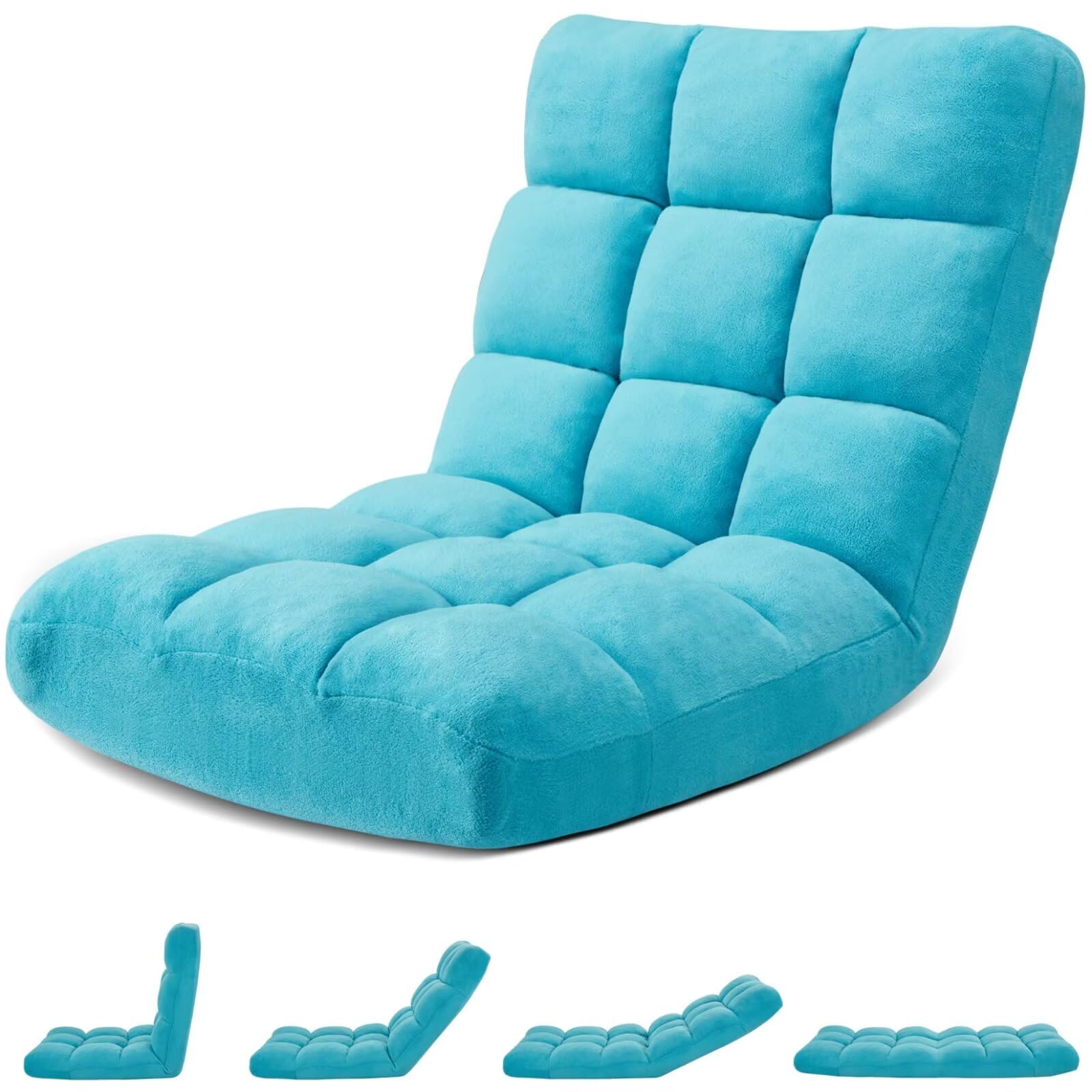 14-Position Adjustable Folding Floor Gaming Chair with Breathable Cotton & Velvet Cover - Ergonomic Lazy Sofa for Adults & Kids - Perfect for Gaming, Reading, Meditation, and Relaxing at Home (Baby Blue)