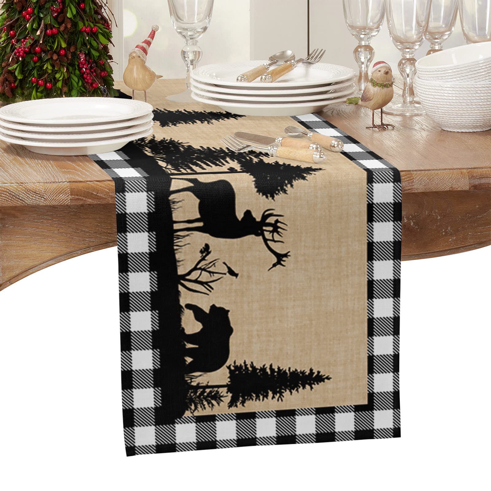 Vintage Christmas Cotton Linen Table Runner - 13x70 Inch Black & White Xmas Tree Reindeer Elk Design for Holiday Dining Table Decor | Indoor Outdoor Kitchen & Party Decoration | Perfect for Christmas Dinner, Winter Home Decor & Festive Gatherings