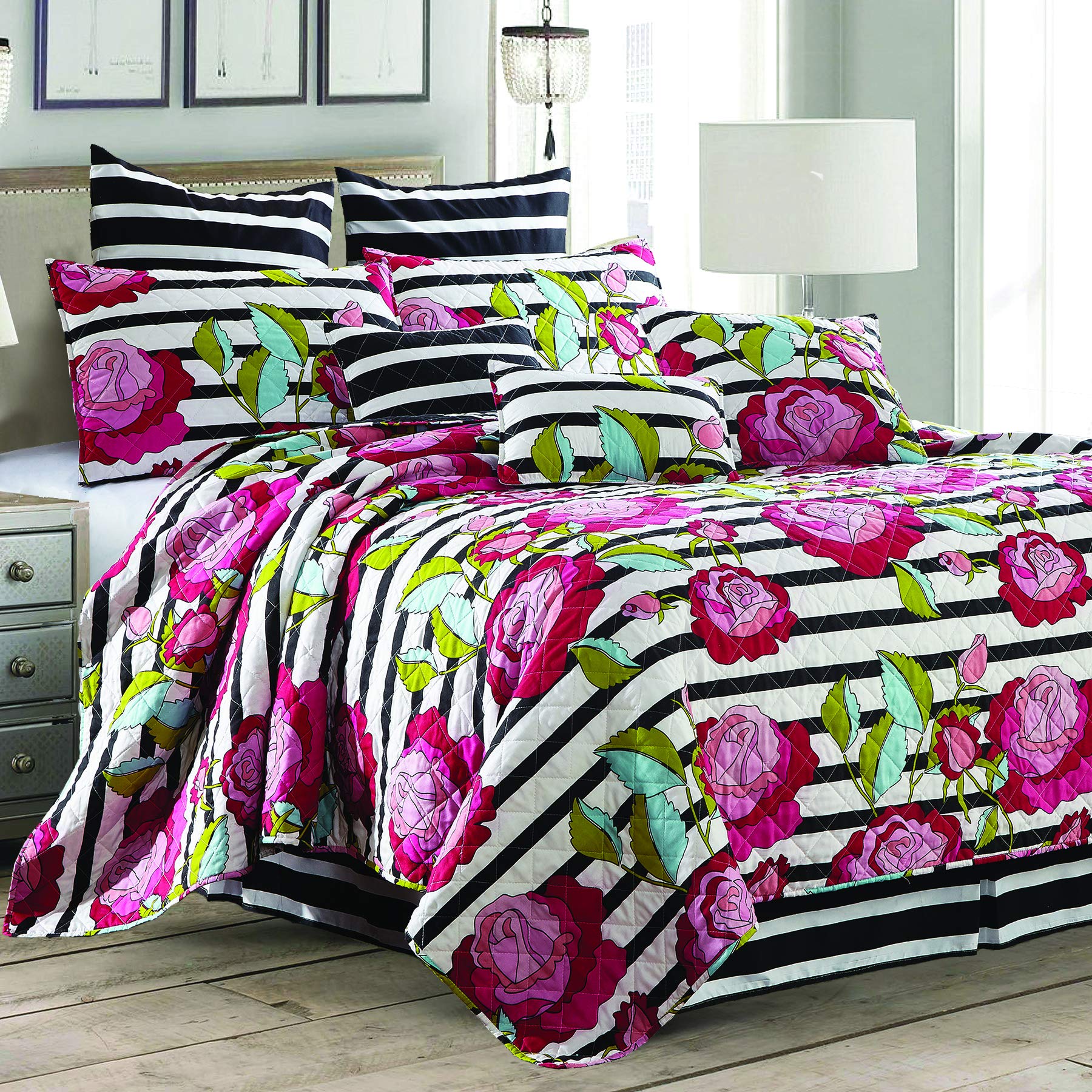 Virah Bella Reversible Quilt Bedding Set - Full/Queen Size Black & White Striped Floral Print Lightweight Comforter with 2 Pillow Shams | Contemporary Home Decor for Bedroom, Guest Room & Dorm | Cozy All-Season Bedding