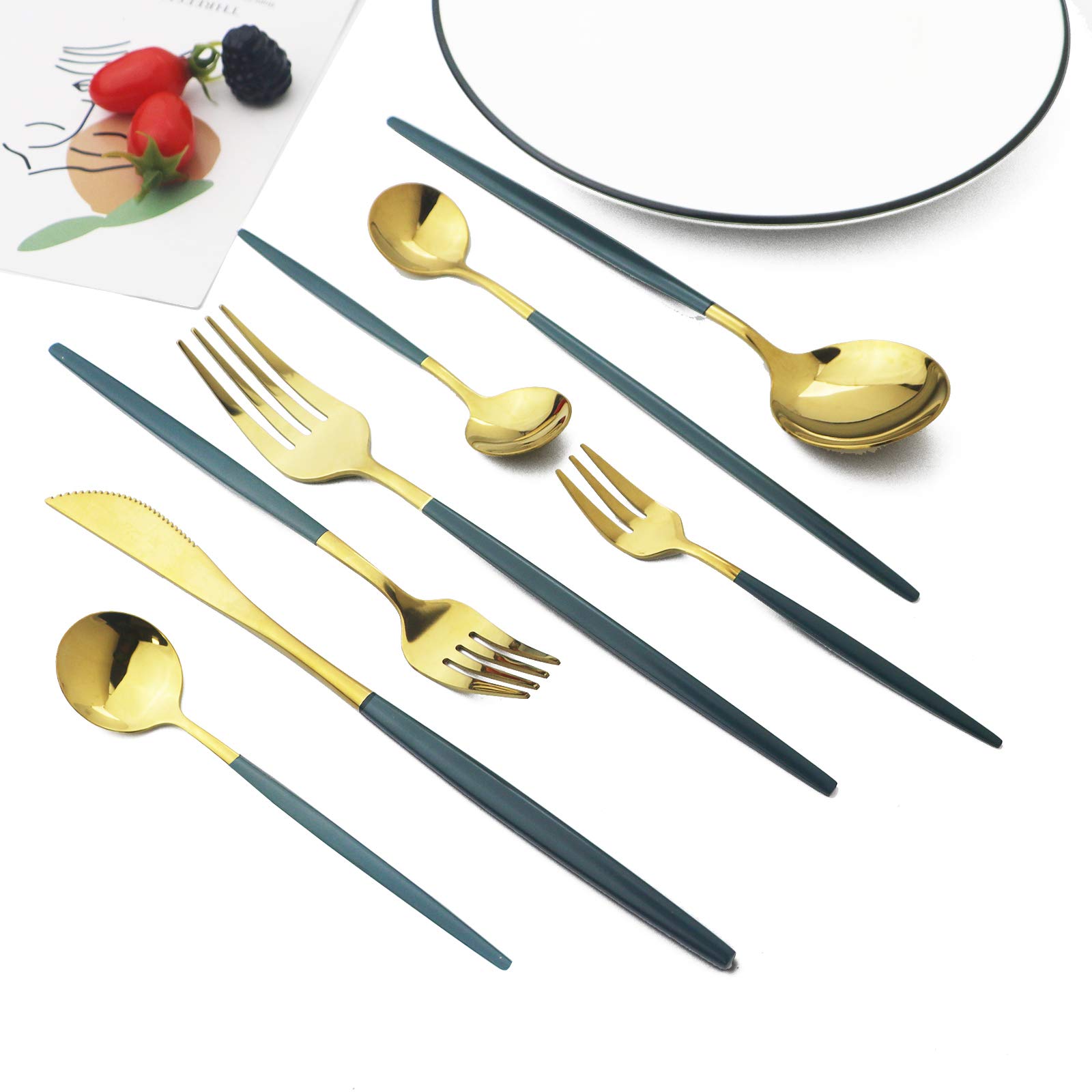 JASHII 32-Piece Stainless Steel Silverware Set - Cake Fork, Long Handle Spoon, Flatware Cutlery Set for 4 - Elegant Green & Gold Tableware - Dishwasher Safe - Perfect for Dinner Parties, Weddings & Fine Dining