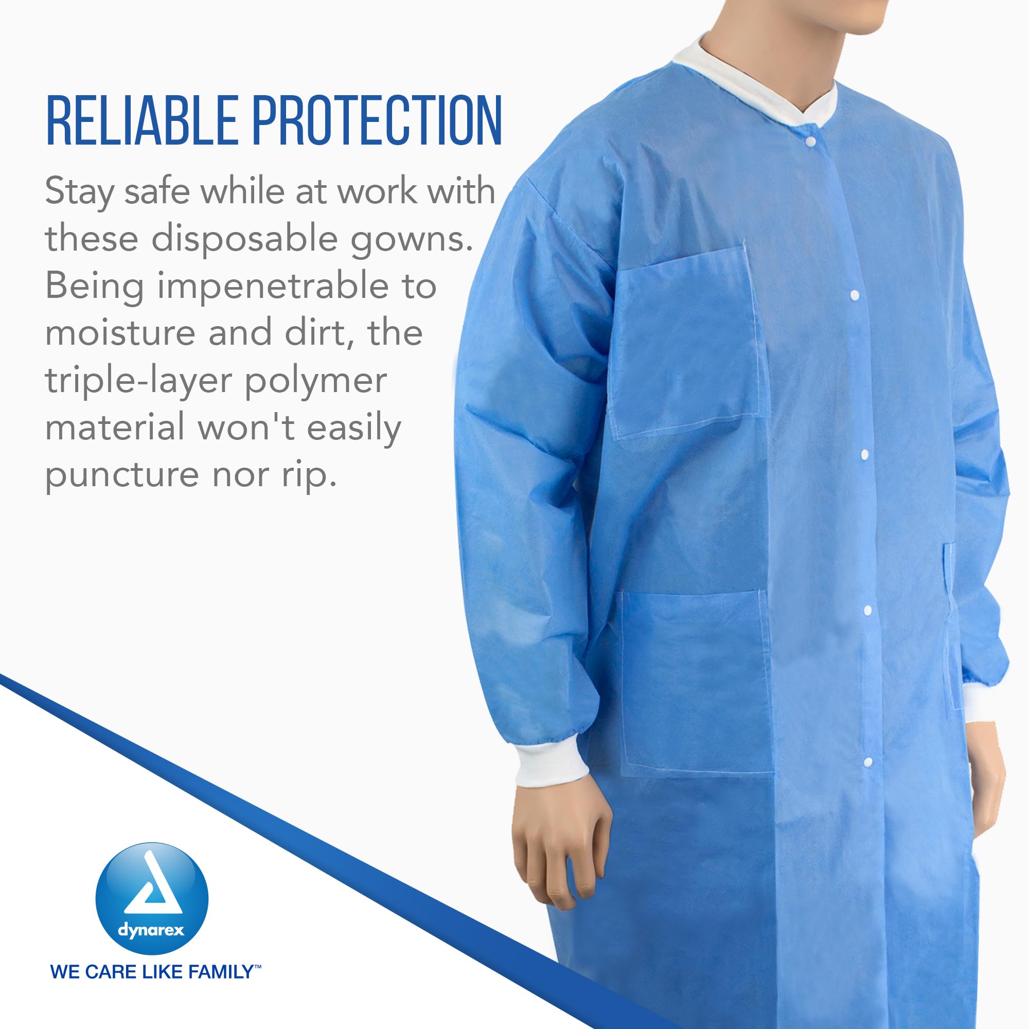 Dynarex Disposable Lab Coats - Breathable 3-Layer Non-Woven Polypropylene Fabric - Knee-Length with Elastic Cuffs - Blue, Small (Pack of 30) - Ideal for Medical Labs, Hospitals & Cleanroom Environments