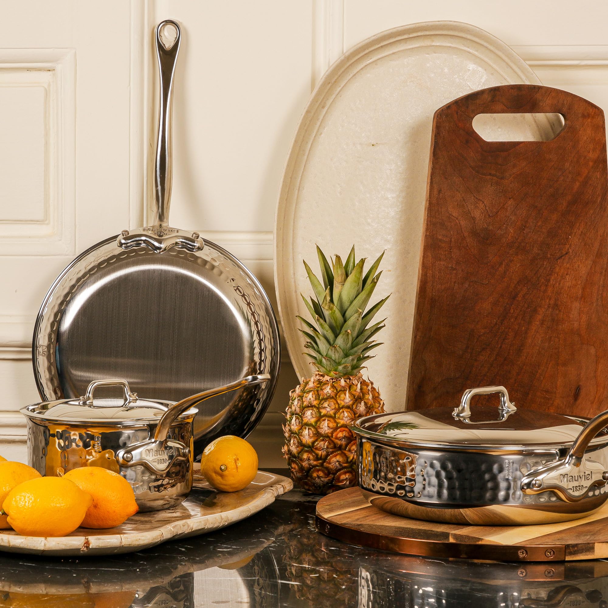 Mauviel M'Elite 5-Ply Hammered Polished Stainless Steel Chef Pan with Dome Lid & Cast Handles, 2.1-Quart French Cookware - Perfect for Sautéing, Braising & Professional Kitchen Use