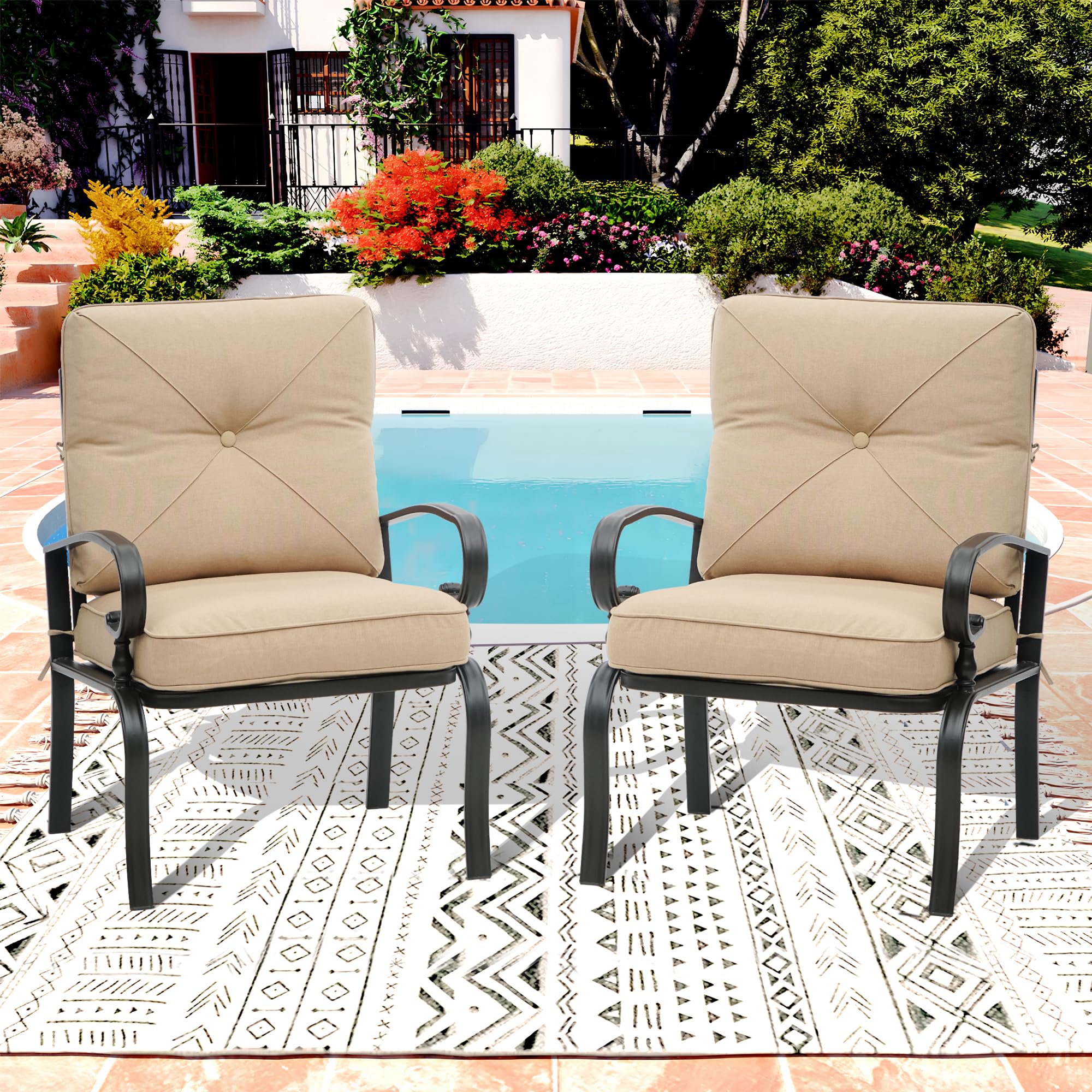 2-Piece Patio Dining Chairs Bistro Set - Wrought Iron Outdoor Furniture with Brown Cushions, All-Weather Garden Seating for Backyard, Balcony or Poolside Relaxation