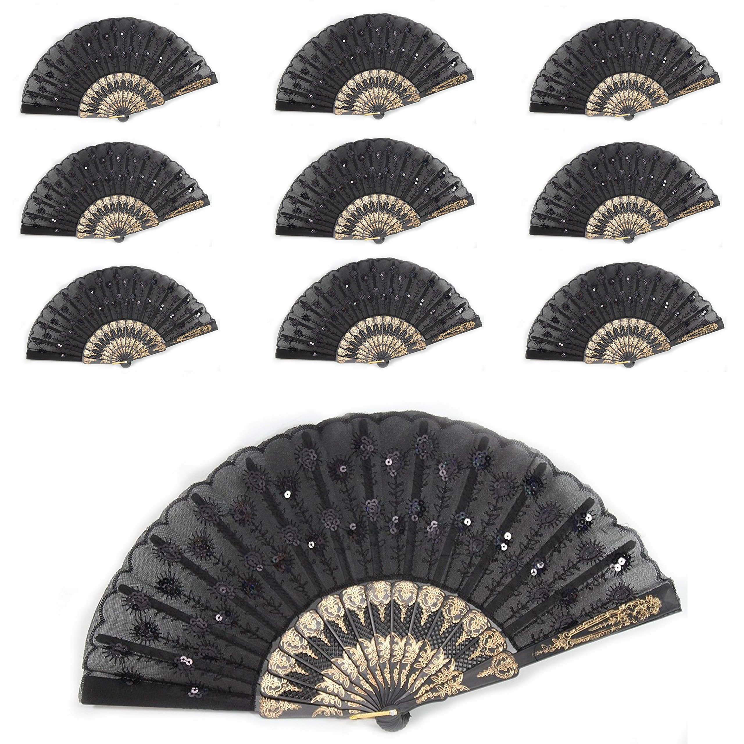 10 Pack Black Chinese Japanese Lace Floral Folding Hand Fans - Elegant Vintage Pocket Fans for Weddings, Cosplay, Tea Ceremonies & Home Decor