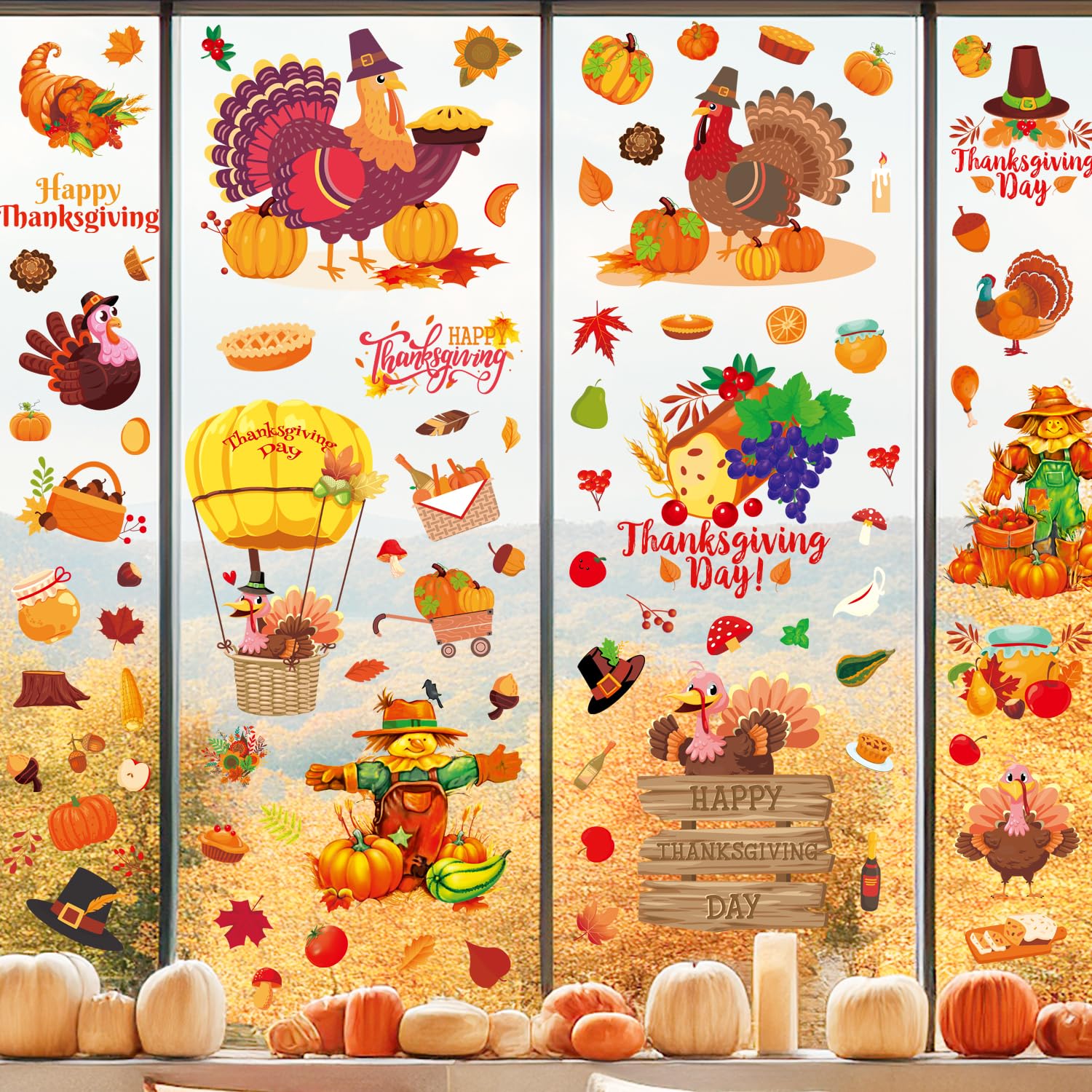 Thanksgiving Window Clings - 8 Sheets Autumn Window Stickers for Glass, Turkey Fall Decorations - Perfect for Home, Office, Classroom & Thanksgiving Party Decor