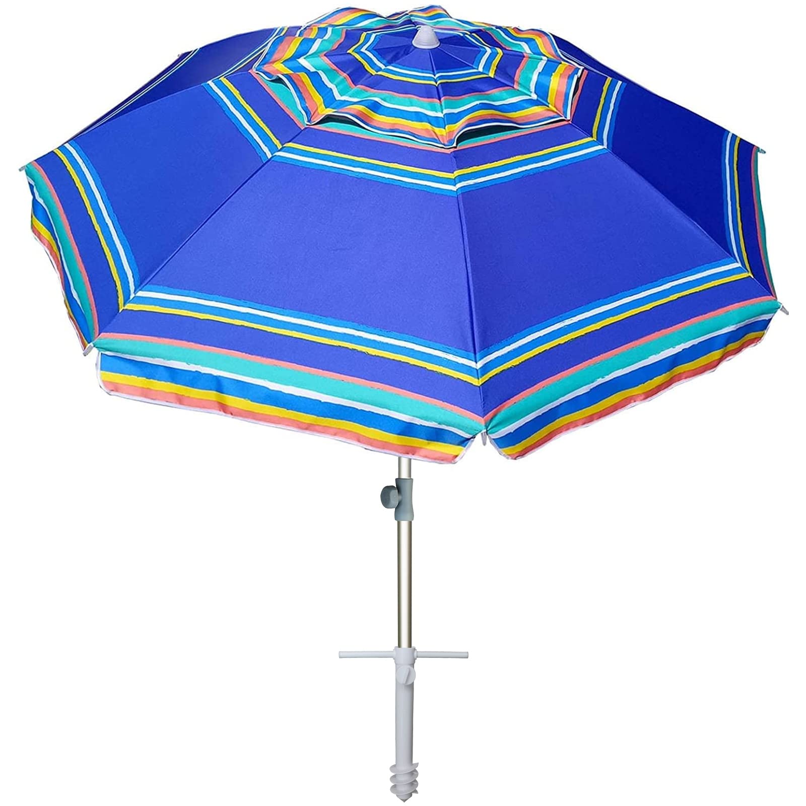 AMMSUN 7ft Heavy Duty Windproof Beach Umbrella with Sand Anchor & Tilt Function, UV 50+ Sun Protection - Portable Outdoor Sunshade for Patio, Garden, Pool, Backyard (Stripe Blue) - Perfect for Beach Trips, Picnics, and Outdoor Relaxation