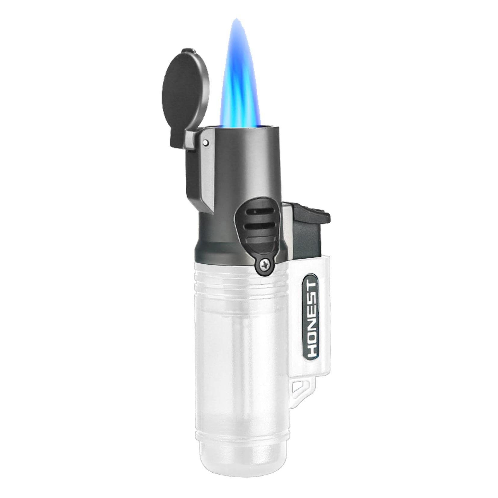 CrazyPig Rechargeable Windproof Triple Jet Flame Torch Lighter - Butane Refillable Gas Lighter for Outdoor Cooking, BBQ, Baking, Candle Lighting & Kitchen Use - Transparent Design (White) - Perfect for Camping, Grilling & Home Use