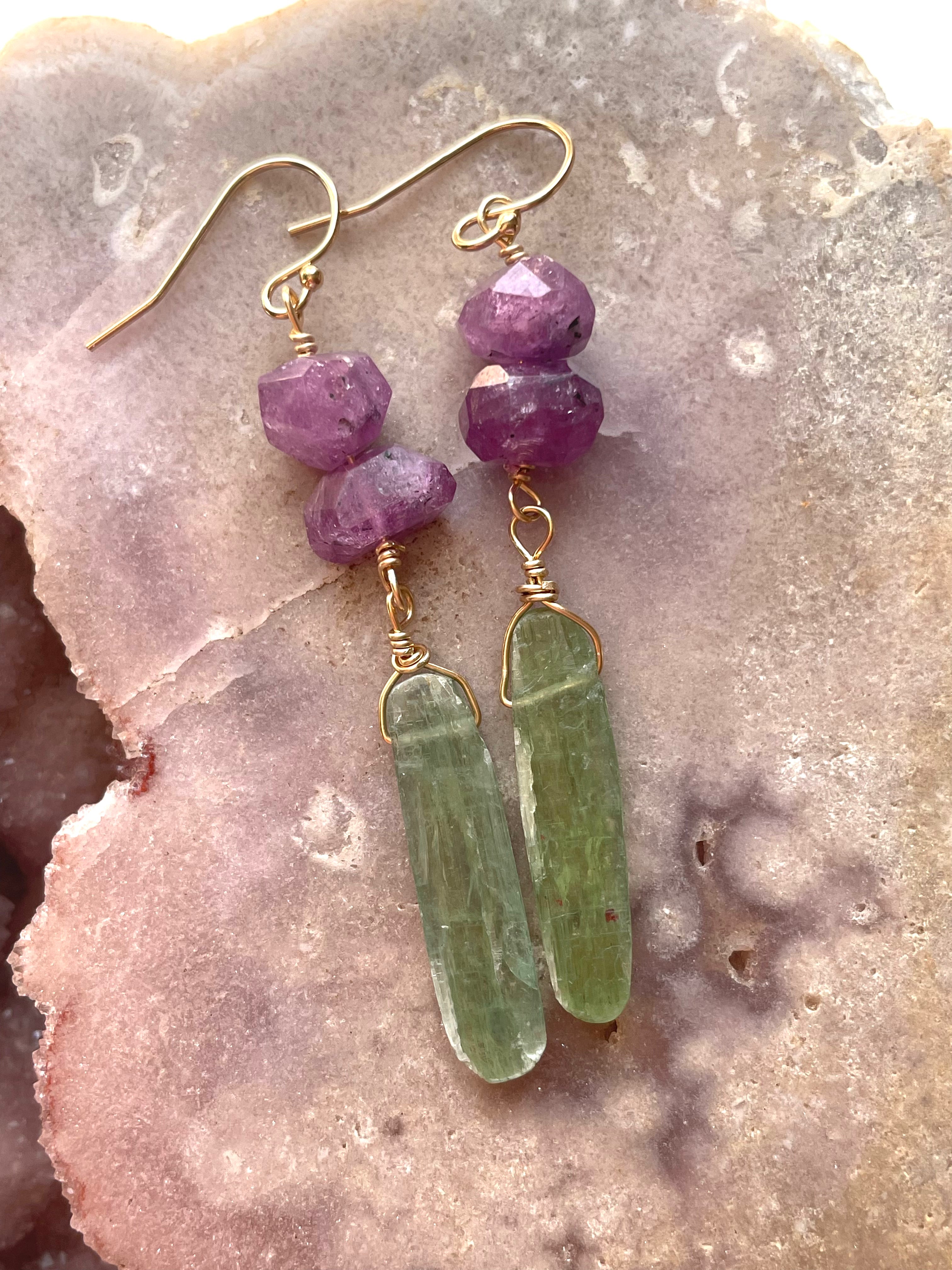 Exquisite Pink Sapphire & Green Kyanite Dangle Earrings for Women | Unique Handmade Jewelry Gift | Perfect for Weddings, Parties & Special Occasions