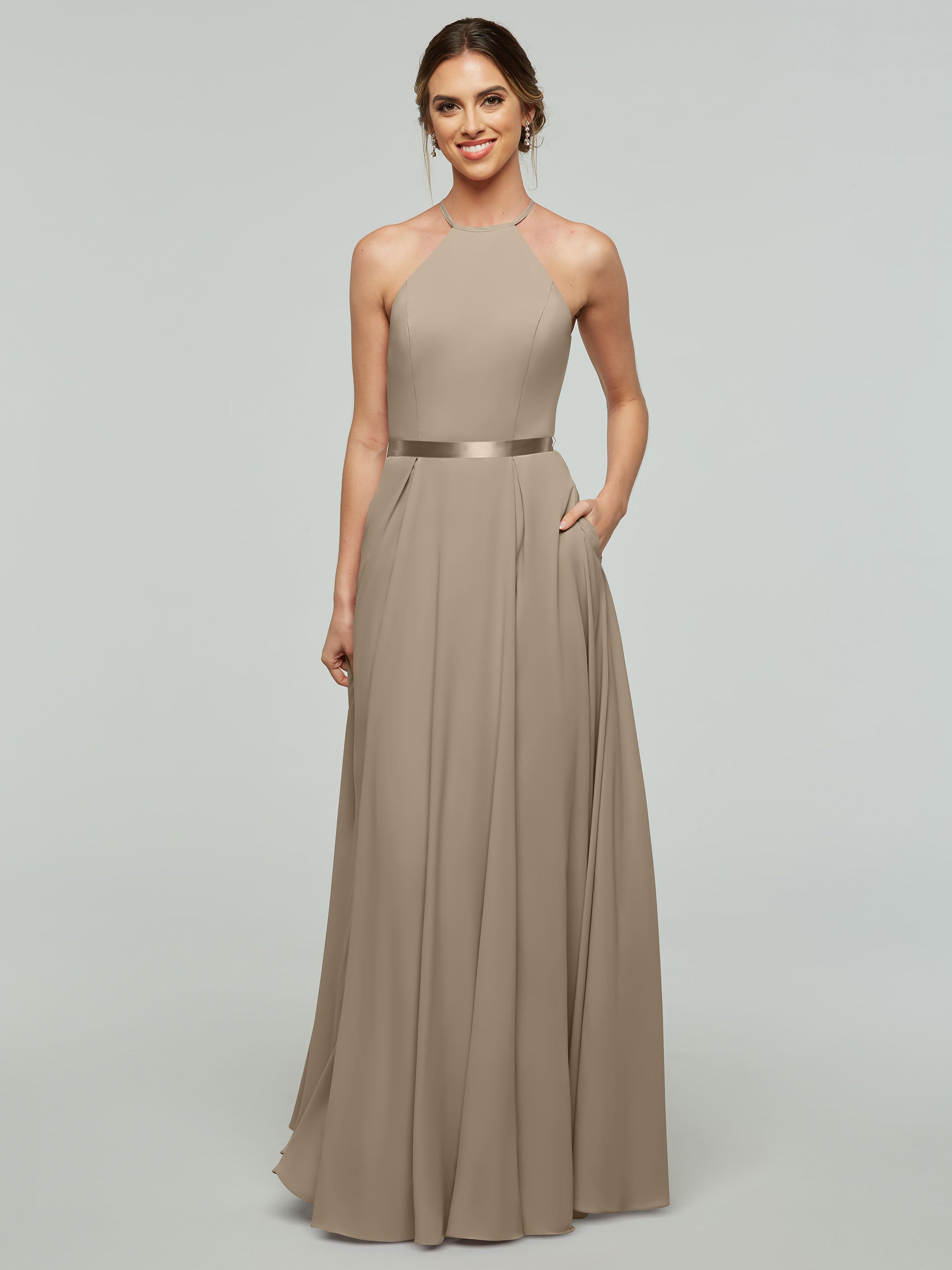 Elegant A-Line Stretch Chiffon Bridesmaid Dress with Halter Neckline & Adjustable Waist Belt - Perfect for Weddings, Formal Events & Special Occasions
