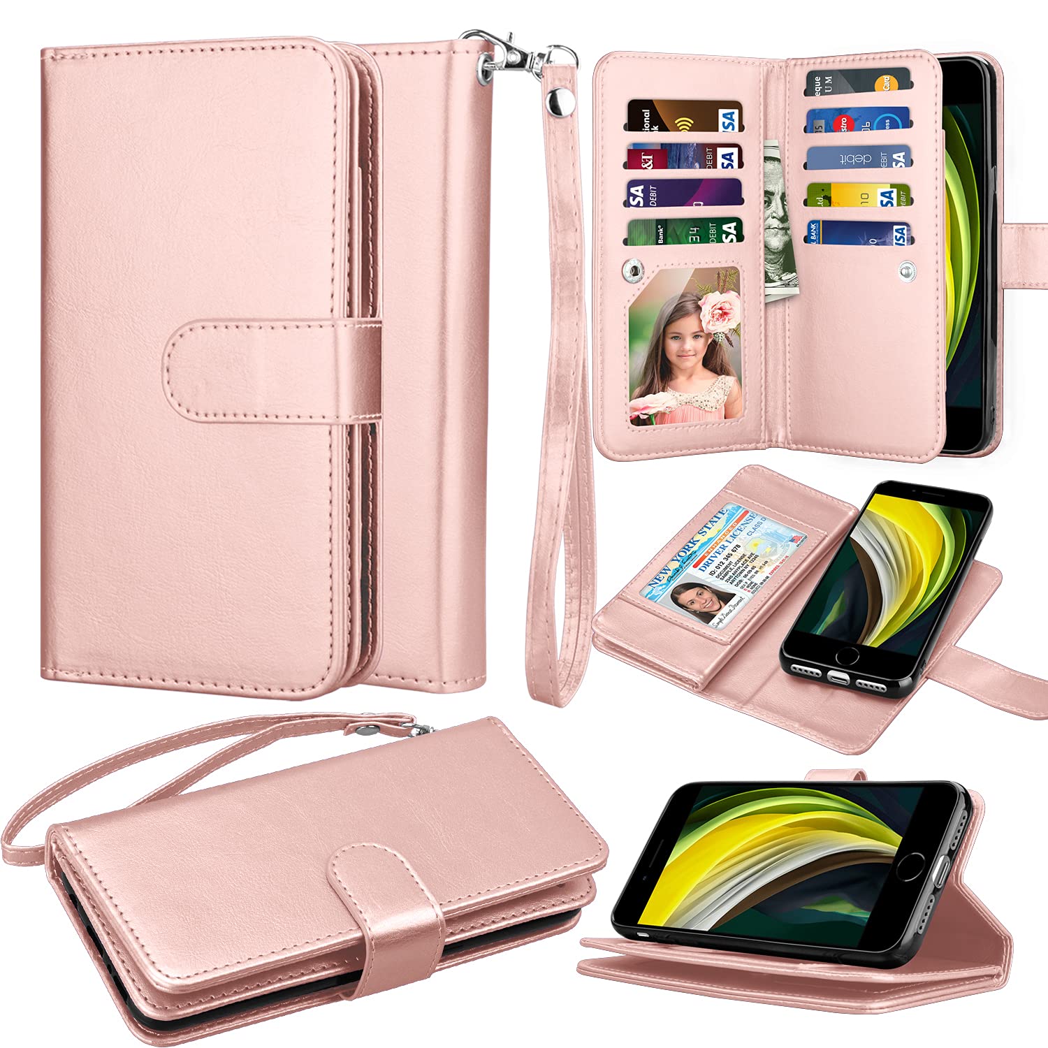 Premium Leather Wallet Case for iPhone SE 2020/iPhone 7/iPhone 8 - RFID Blocking Credit Card Holder with Detachable Magnetic Cover & Kickstand (Rose Gold) | Perfect for Business Travel, Daily Commute & Hands-Free Shopping