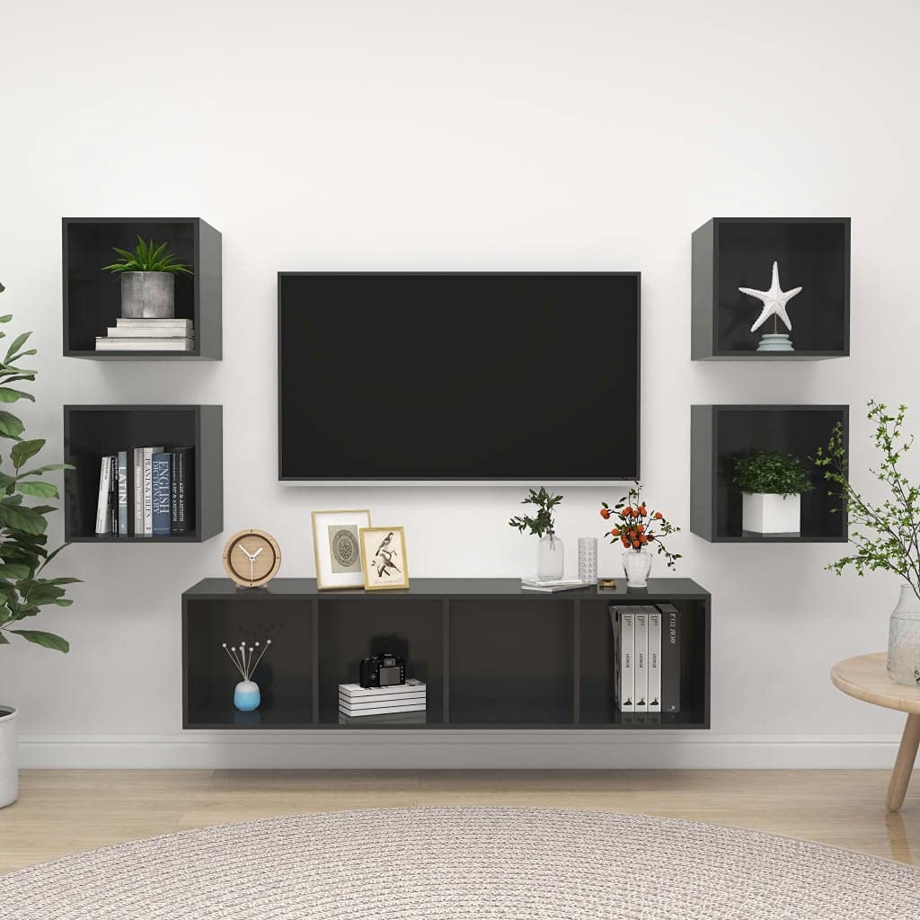 Floating TV Stand with Wall Mount - 5 Piece Media Console Entertainment Center Set for Living Room, High Gloss Gray Chipboard TV Cabinet with Storage Shelf for HiFi, Stereo & Plasma TVs | Perfect for Small Spaces & Modern Home Decor