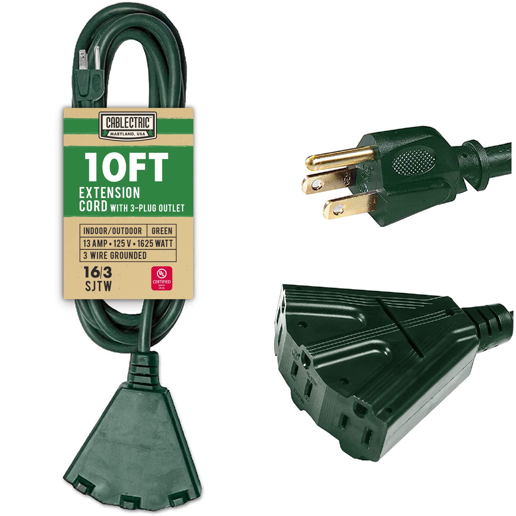 10 ft Outdoor Extension Cord with 3 Outlets - 16/3 SJTW Weatherproof Heavy Duty Power Cable - 13 Amp, 3 Prong, Green - Perfect for Outdoor Use, Landscaping, Holiday Lights & Power Tools