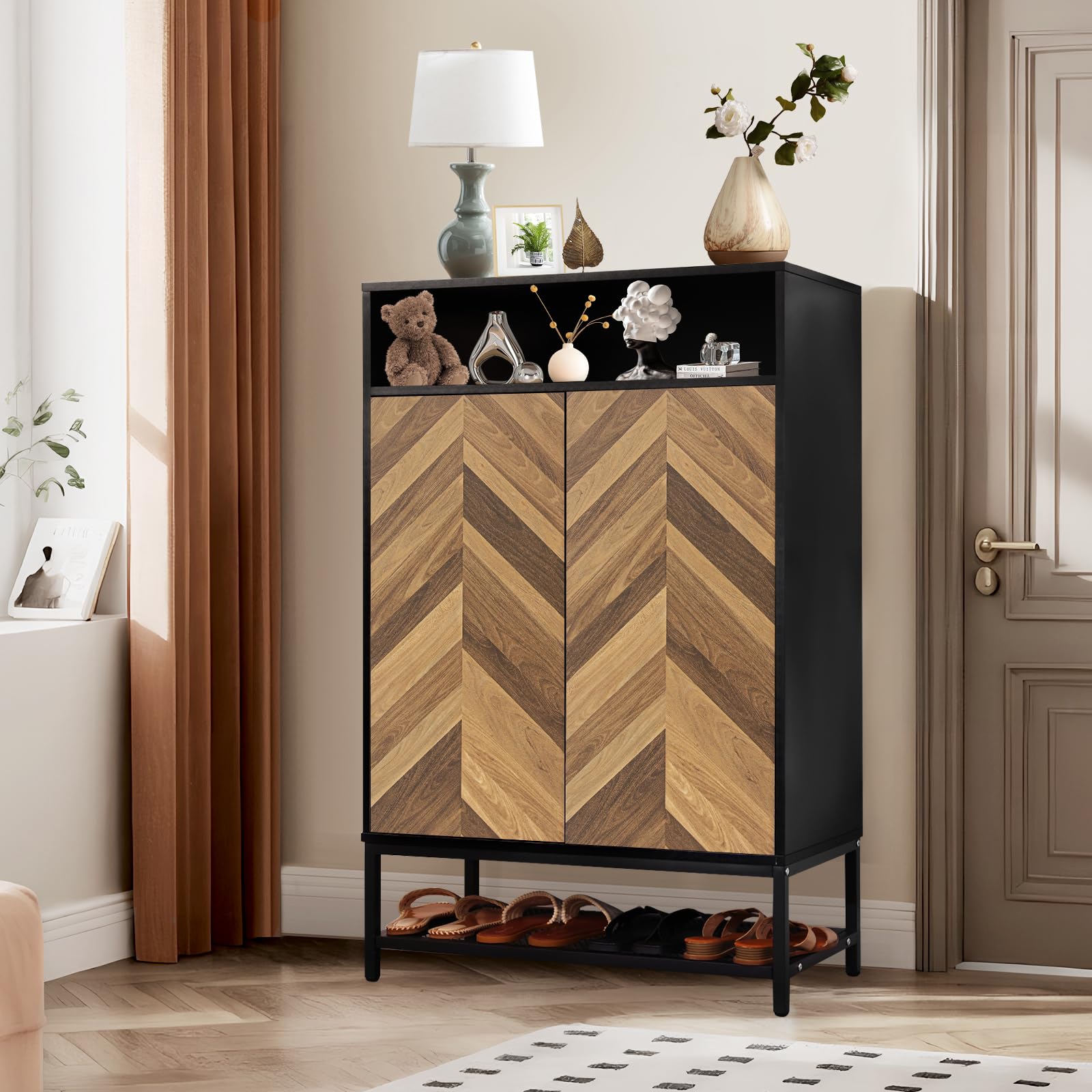 Homdox 7-Tier Shoe Storage Cabinet - Holds 24 Pairs with Doors & 3 Adjustable Shelves, Wooden Shoe Organizer for Entryway, Hallway, Living Room - Perfect for Small Spaces & Home Organization (Black)